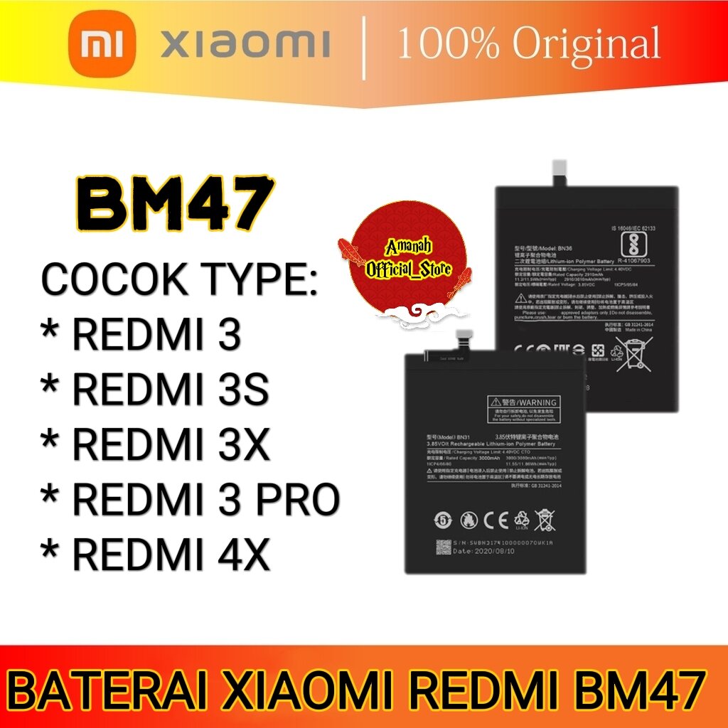 Baterai Xiaomi Redmi 3 3s 3pro Tipe BM47 Bat Tanam Model Original