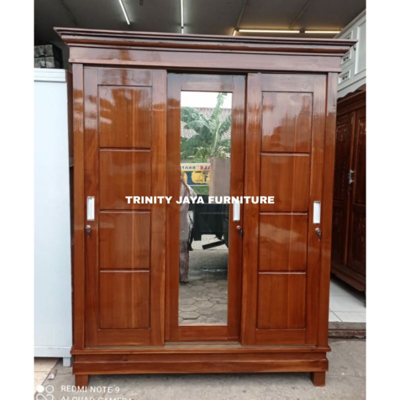 Lemari Pakaian 3 Pintu Sliding Kayu Knockdown Trinityjayafurniture