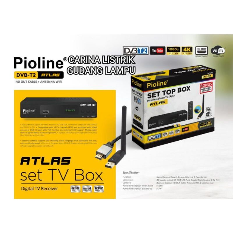 Paket Set Top Box Pioline DVB T2 ATLAS Bonus USB DONGLE WIFI KABEL