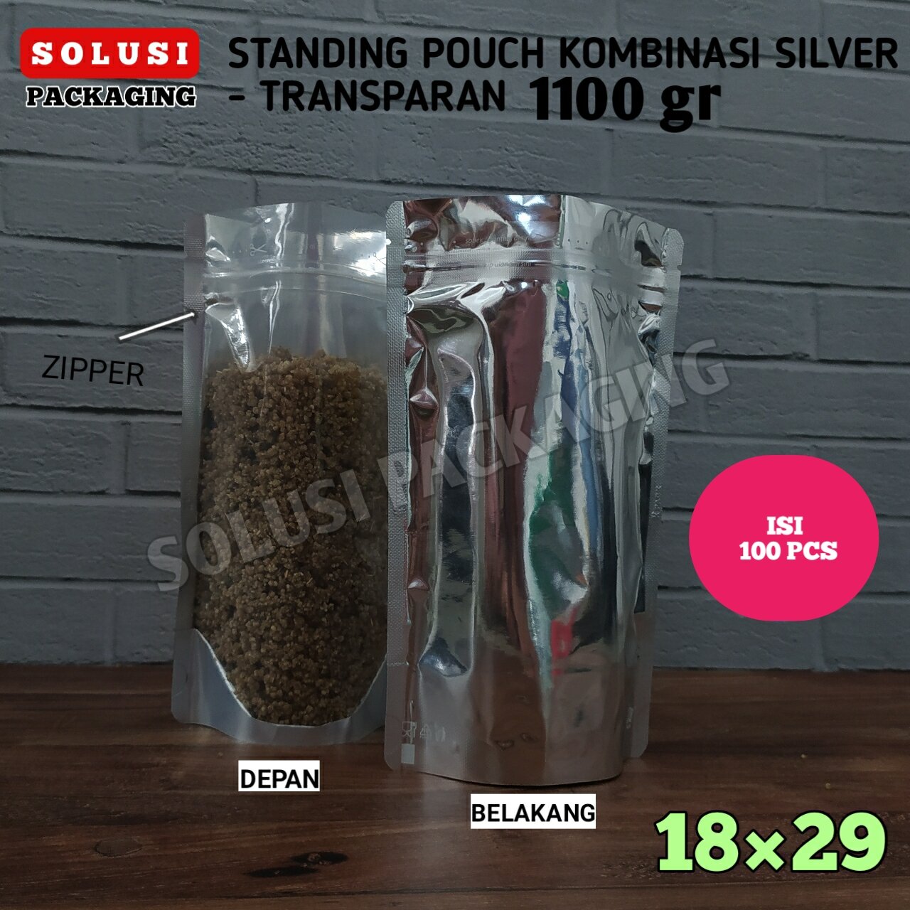 ISI 100 PCS Standing Pouch SILVER KOMBINASI 1000 Gram 18x29 Cm TRANSMET