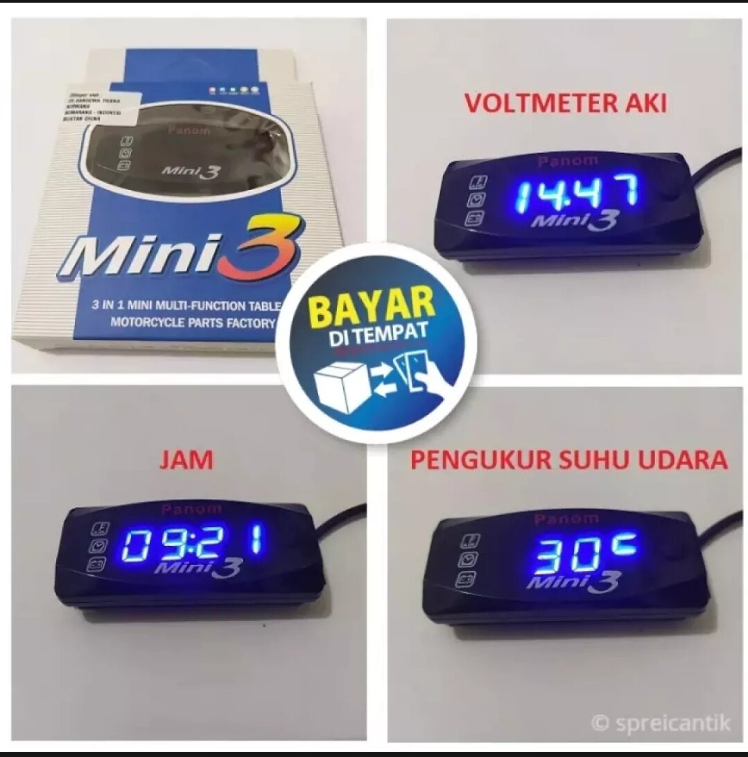 Voltmeter Aki Motor 3 In 1 Aki Jam Suhu Anti Air Waterproof Alat