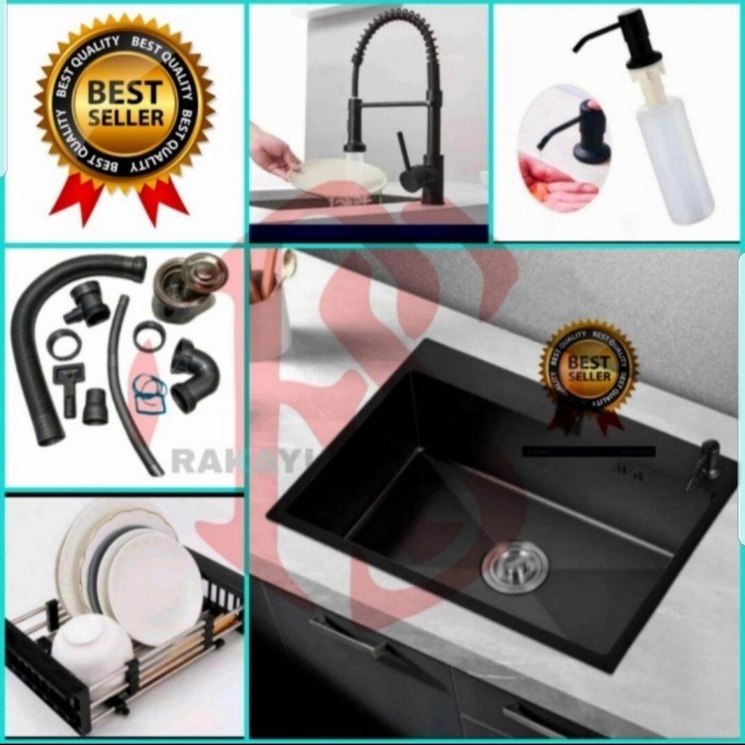 KITCHEN SINK 8050 BLACK JKM LENGKAP KRAN BAK CUCI PIRING HITAM MODEL