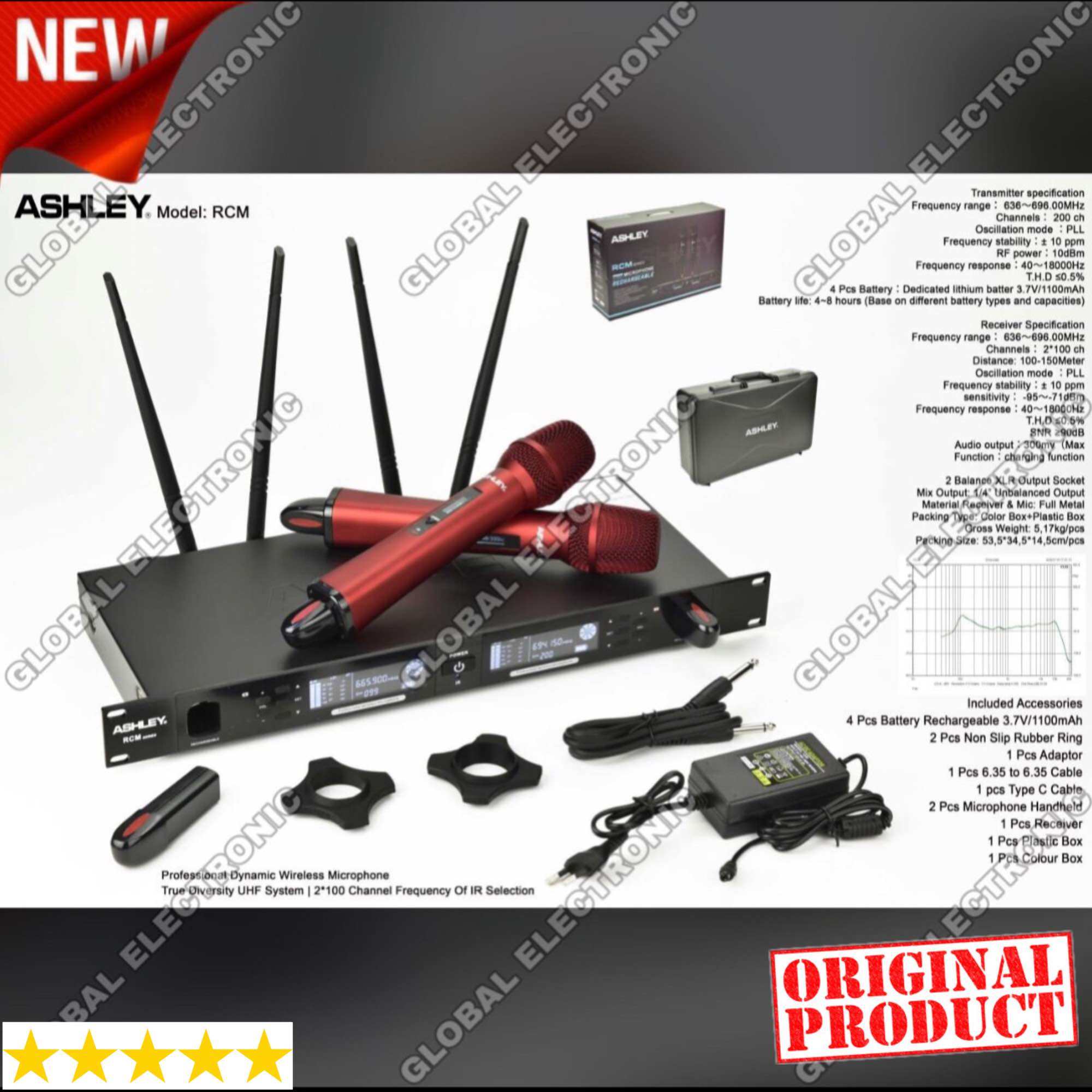 Mic Wireless Ashley RCM Hitam Original Free Koper Handheld Rechargeable