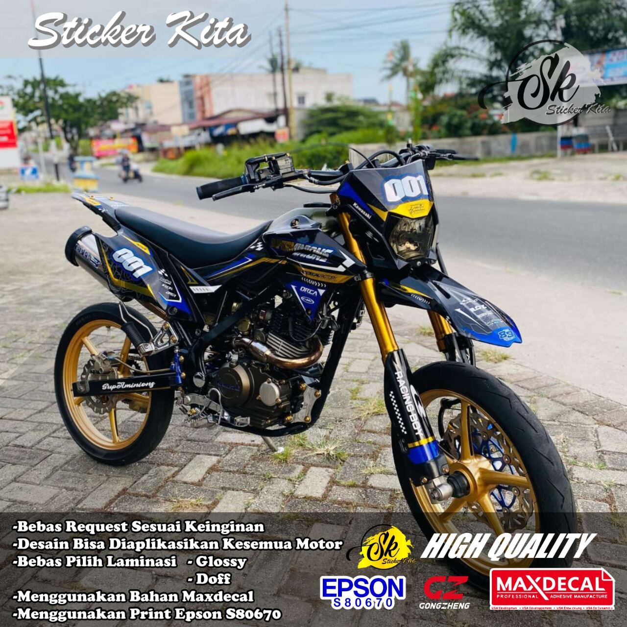 DECAL STICKER FULLBODY MOTOR DTRACKER 150 DESAIN KOMBINASI BAHAN GOLD