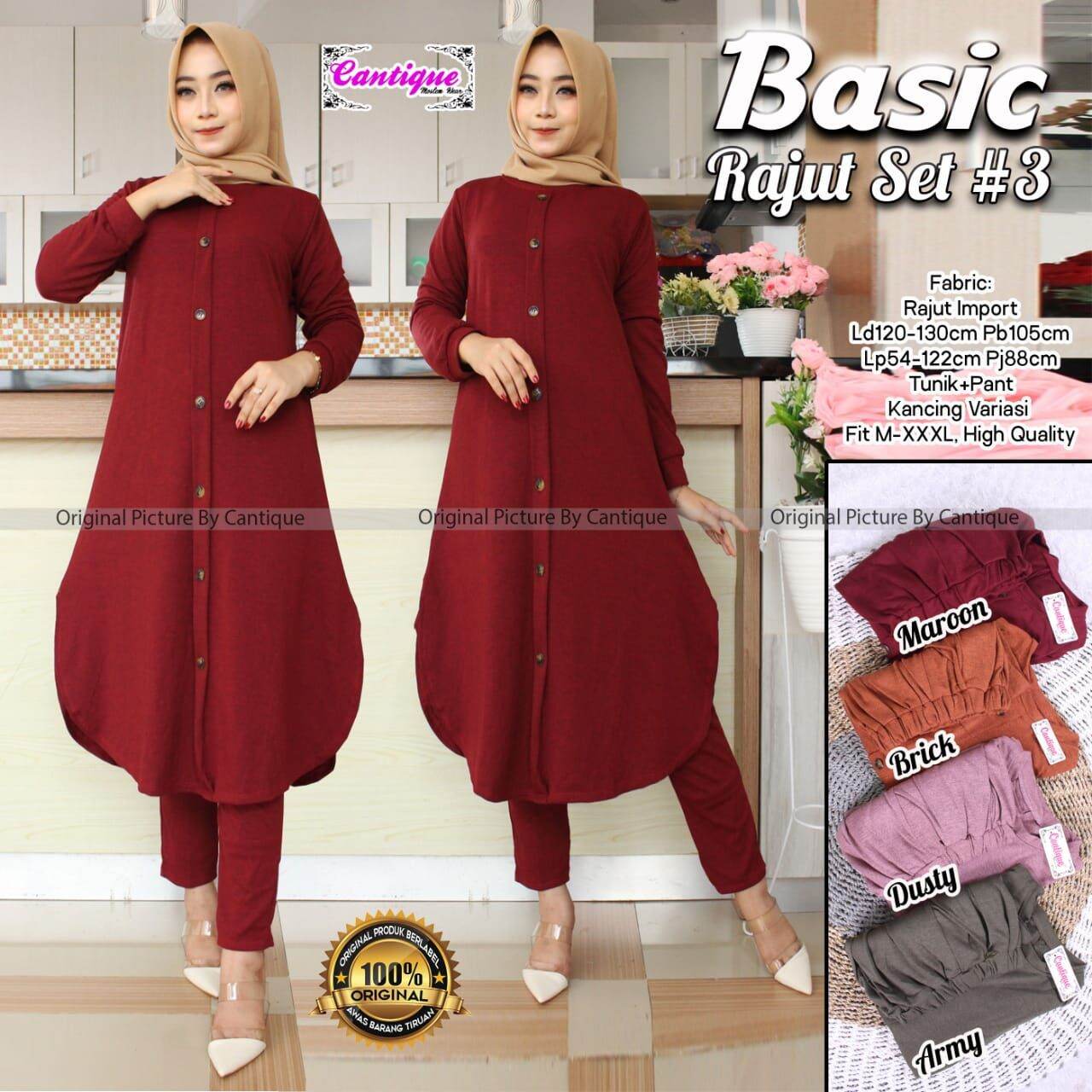 BASIC RAJUT  SET 3 Setelan Baju  Tunik dan Celana Panjang 