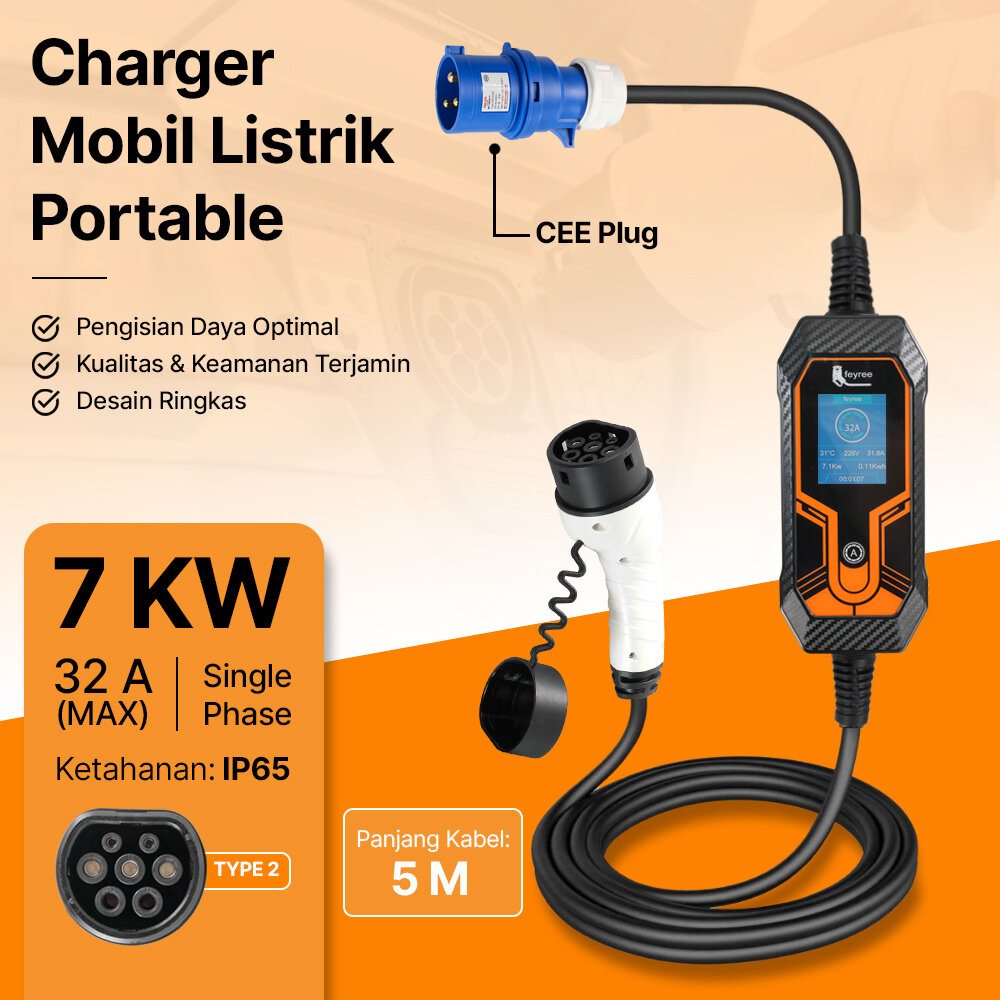 Feyree Charger Mobil Listrik Portable EV 32A 7KW CEE to Type 2 - IEC ...