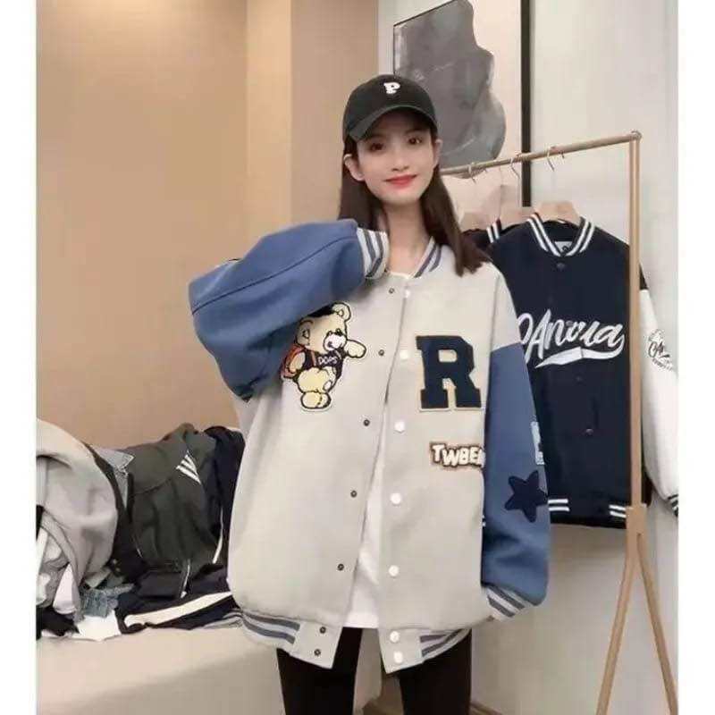 Banash Letter Embroidered Two-Tone Baseball Jacket Black L