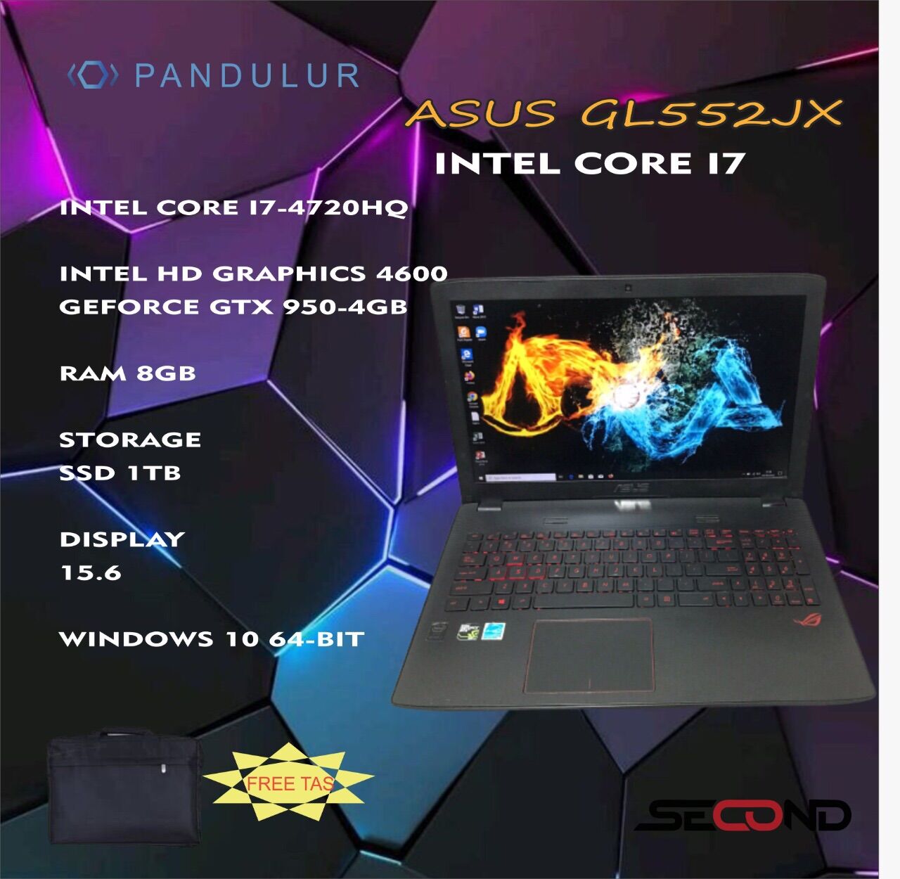 LAPTOP ASUS GL552JX INTEL CORE i7 8GB/1TB GTX 950M8GB/1TB second