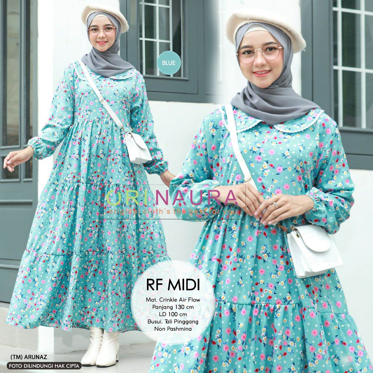 RF MIDI ORI NAURA Midi Dress Bahan Crinkle Airflow Midi Dress Motif