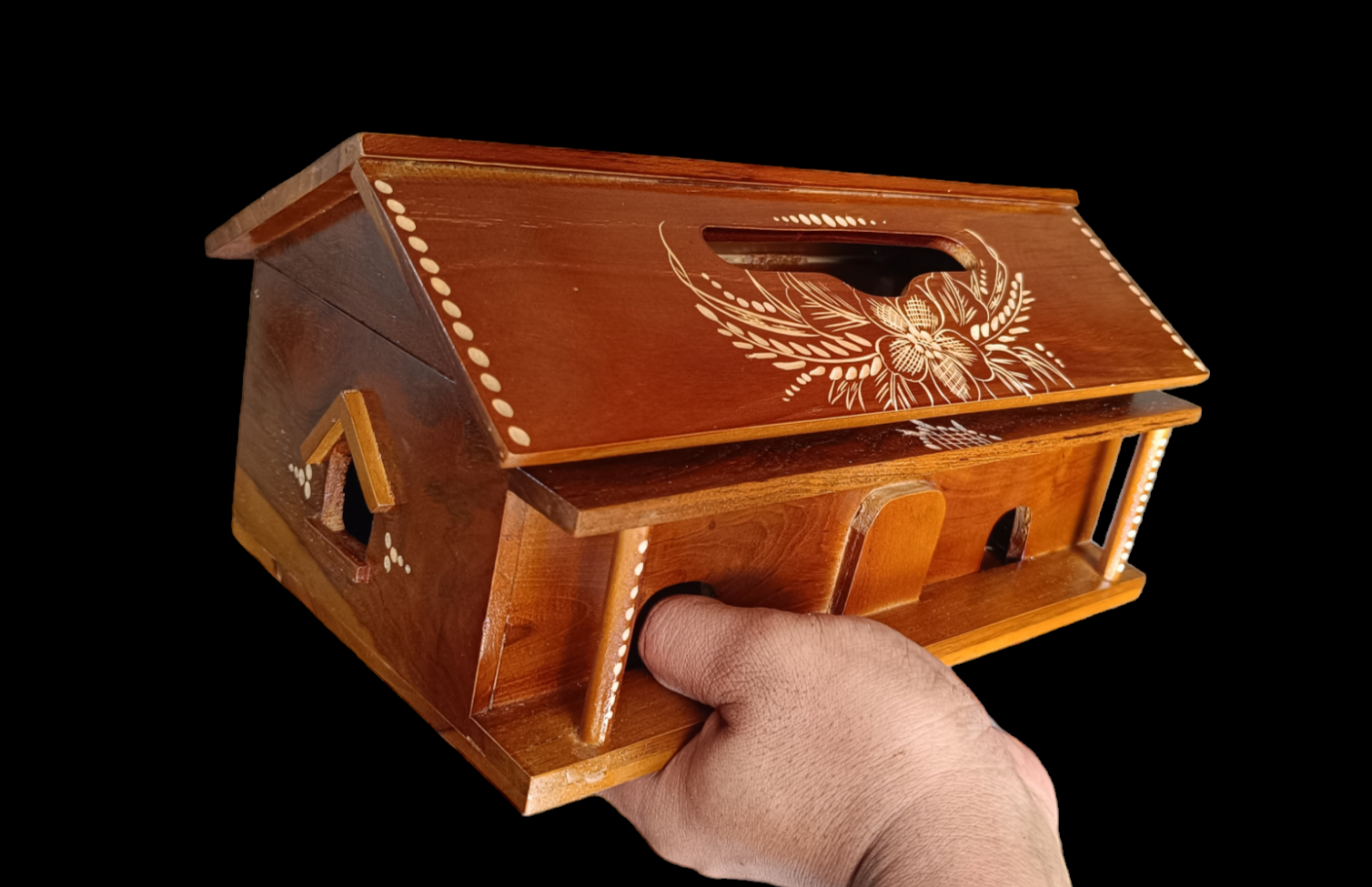 tempat tisu kayu jati bentu rumah