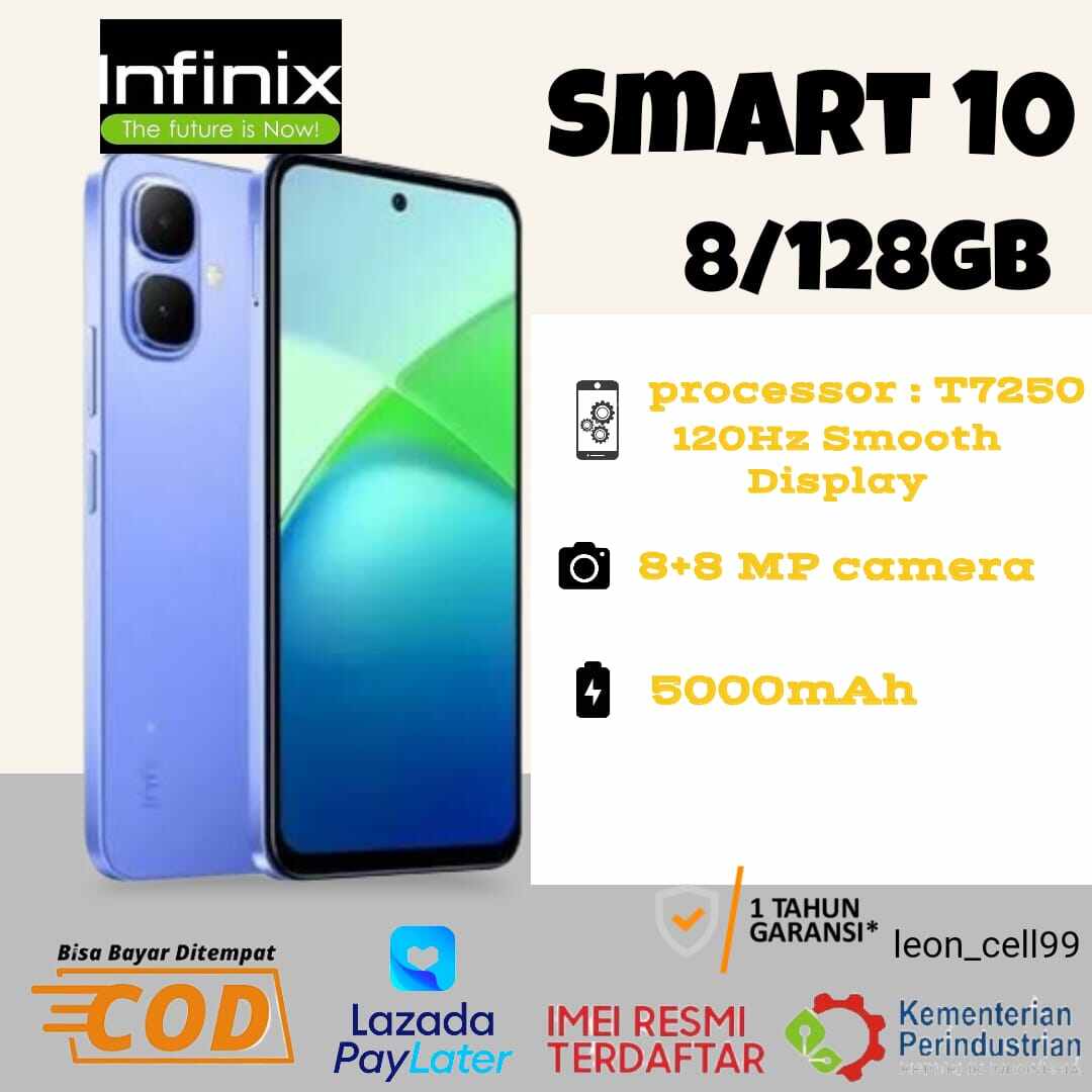 Infinix Smart 10 RAM 8 + 128 GB Super gaming unisog t7250 batrai 5000 mAh official warranty 1 year Harga  1,095,000 rupiah*Gratis Ongkir