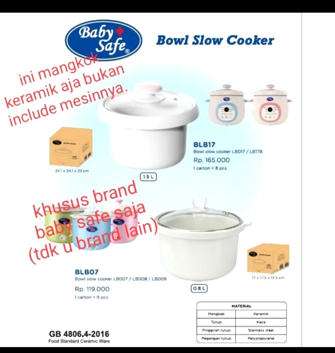 Baby Safe Ceramic Bowl Slow Cooker 0.8Liter untuk mesin LB007, LB009, LB008 Babysafe