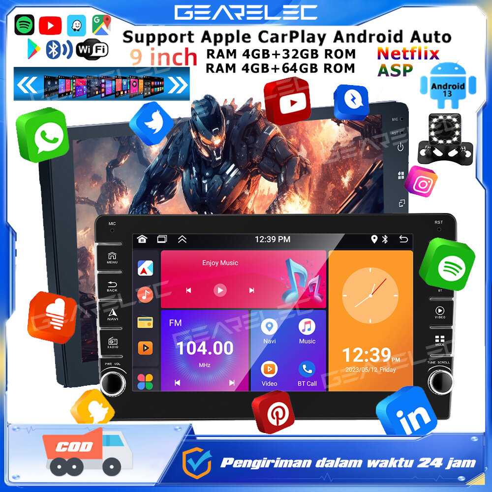 GEARELEC Android 13 9 inch Mobil 4+64G 4+32G Head Unit Car 9 inch tv android mobil dengan camera mundur CarPlay Android Auto Universal Dash Layar IPS Radio Stereo Mobil Bluetooth FM WiFi GPS USB Pemutar Multimedia with 48 UI Tema Harga 870,000 rupiah*Gratis Ongkir