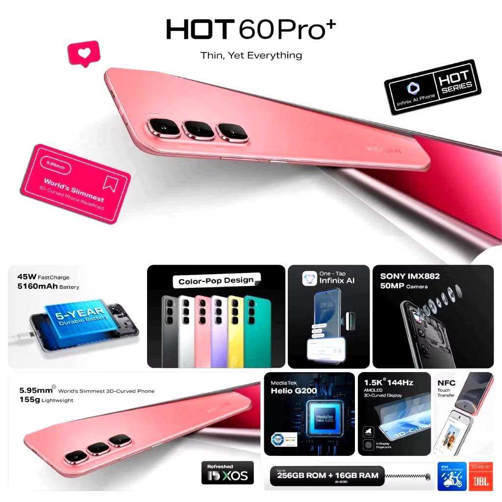 Infinix Hot 60 Pro+ 8/256Gb - up to 16Gb Extended Ram - Helio G200 - 6.78 Inch 1.5K Amoled - 50Mp - 5160 Mah - Nfc Harga 110,000 rupiah*Gratis Ongkir