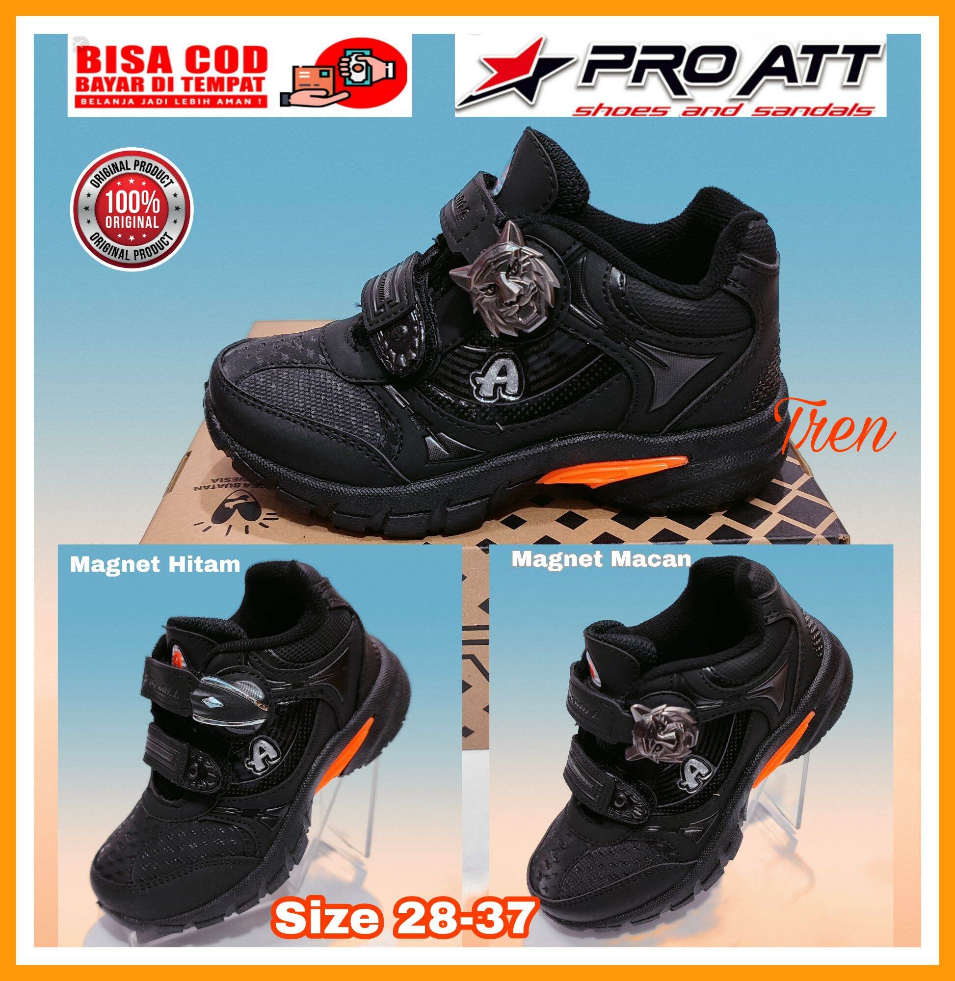 Children's shoes kindergarten Elementary School Boys Girls black pro att MGP adhesive paste magnet anti-slip size 28 - 37 - Merek ProATT Harga 116,900 rupiah*Gratis Ongkir