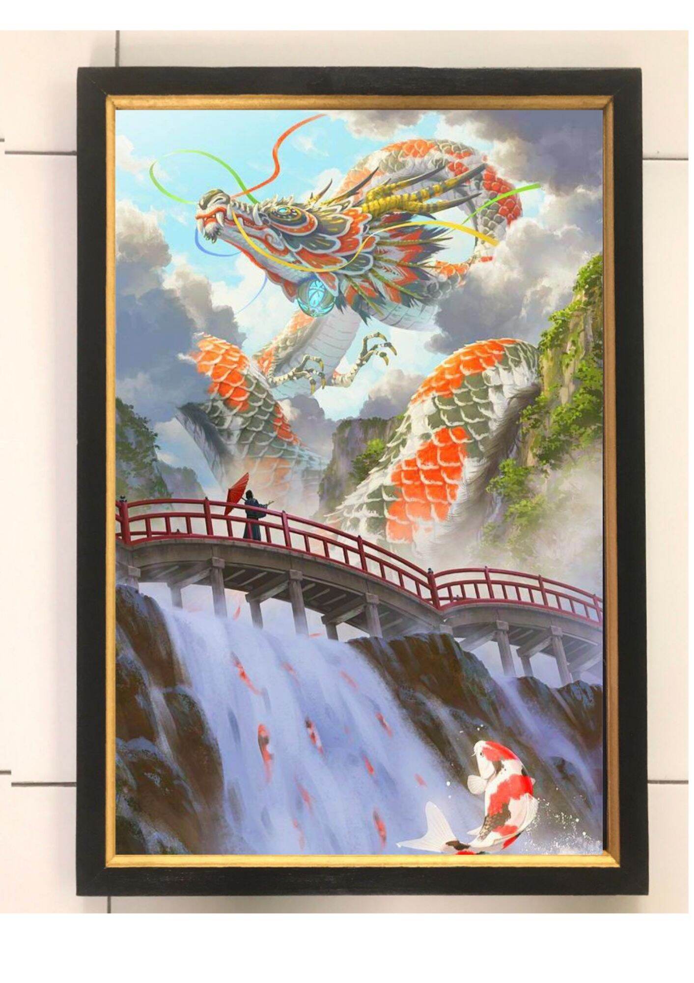 Hiasan dinding cetak gambar lukisan ikan koi berhasil melompati gerbang