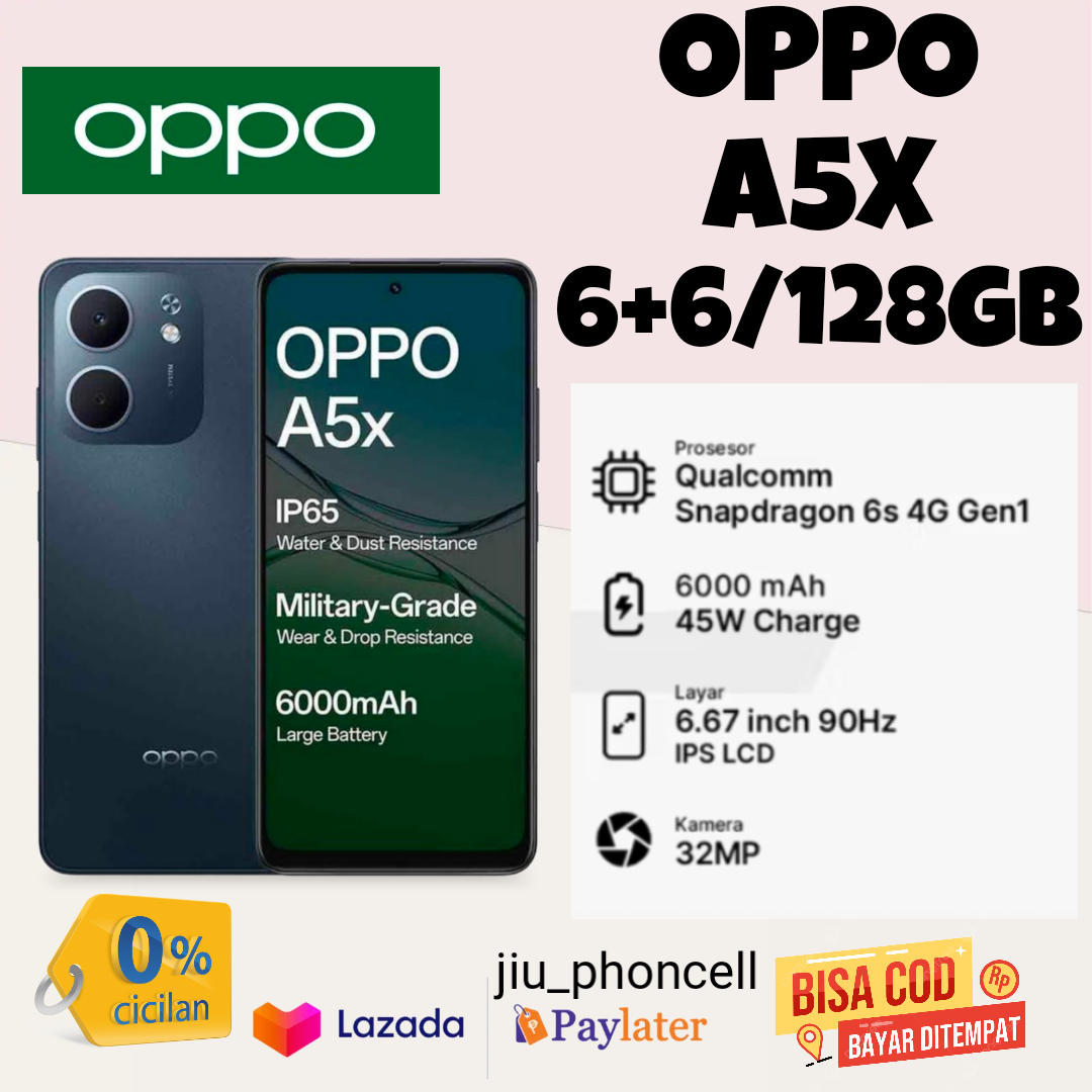 Oppo A5X New, Ram 6+6/128Gb, Mediatek Qualcomm Snapdragon 6S 4g Gen1, Official 1 Year Warranty Harga  2,199,000 rupiah*Gratis Ongkir