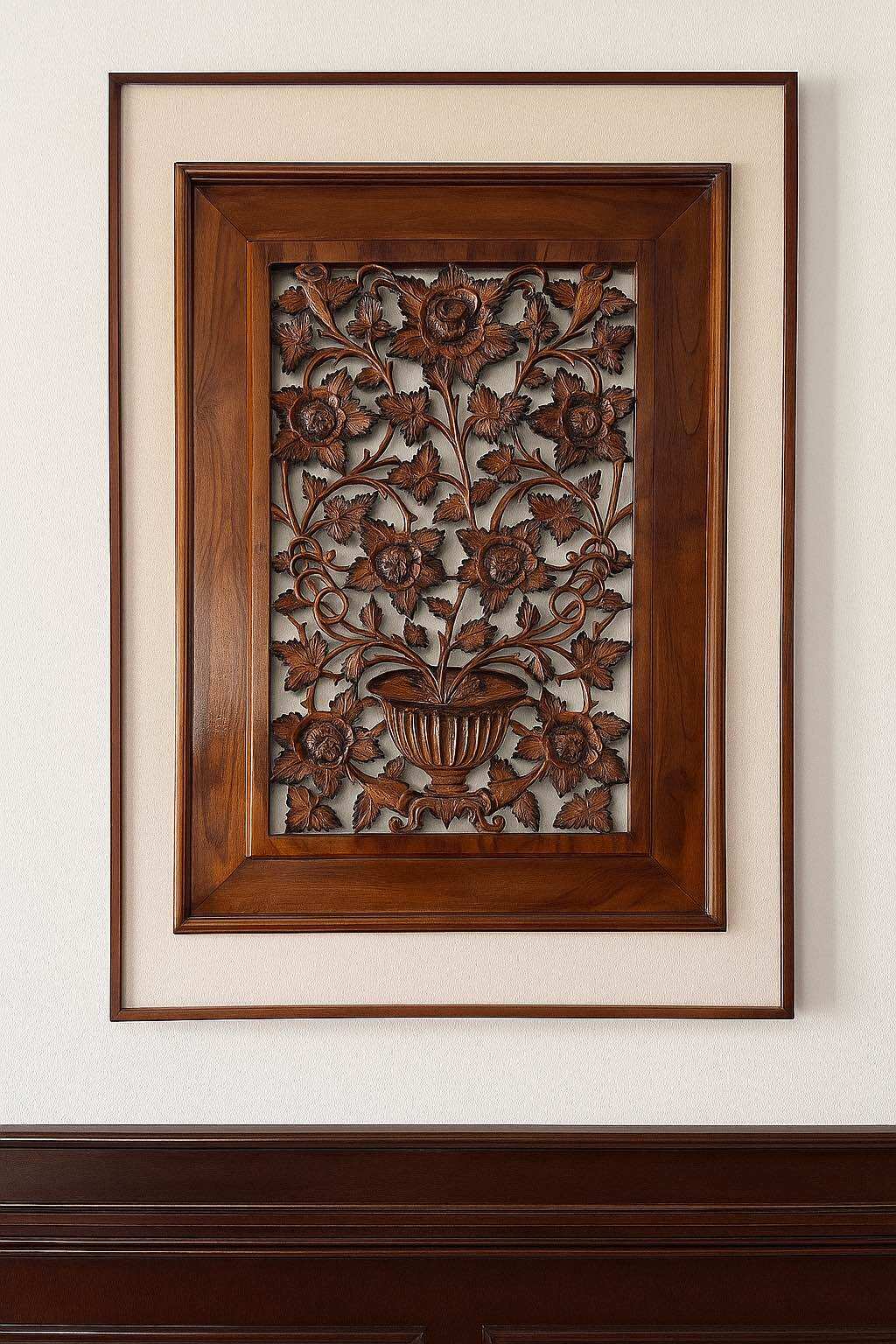 Hiasan dinding ukiran bunga kayu jati 85x60