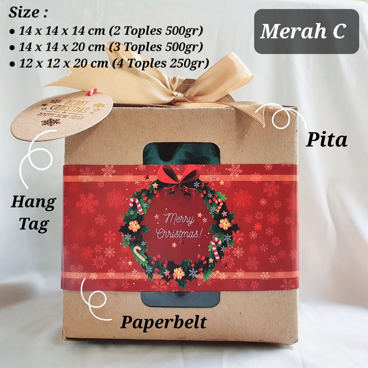 Dus Hampers Cookies Mika Natal Christmas 14x14x20 muat 3 toples kue kering bulat 500gr - Merah D