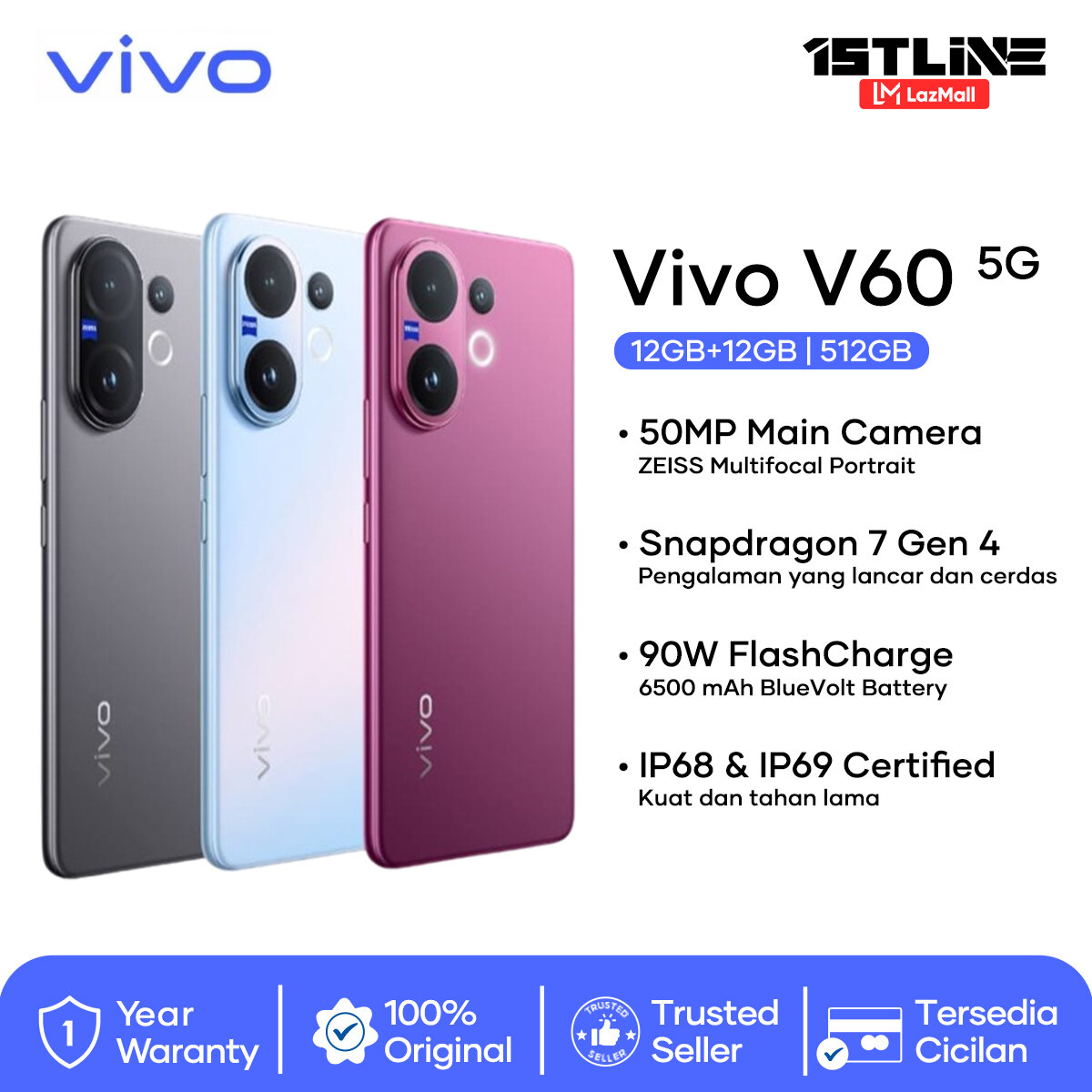 Vivo V60 5g (8/256Gb)(12/256Gb)(12/512Gb) - Official Vivo Indonesia Warranty Harga  6,999,000 Ringgit*Penghantaran Percuma