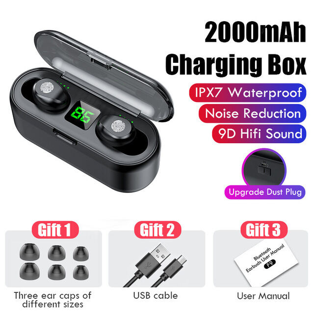 Headset Bluetooth F9 Tws Wireless Earphone Bluetooth Full Bass Stereo Earbuds Olahraga Hifi In Ear Mic dengan Mikrofon untuk semua perangkat. 