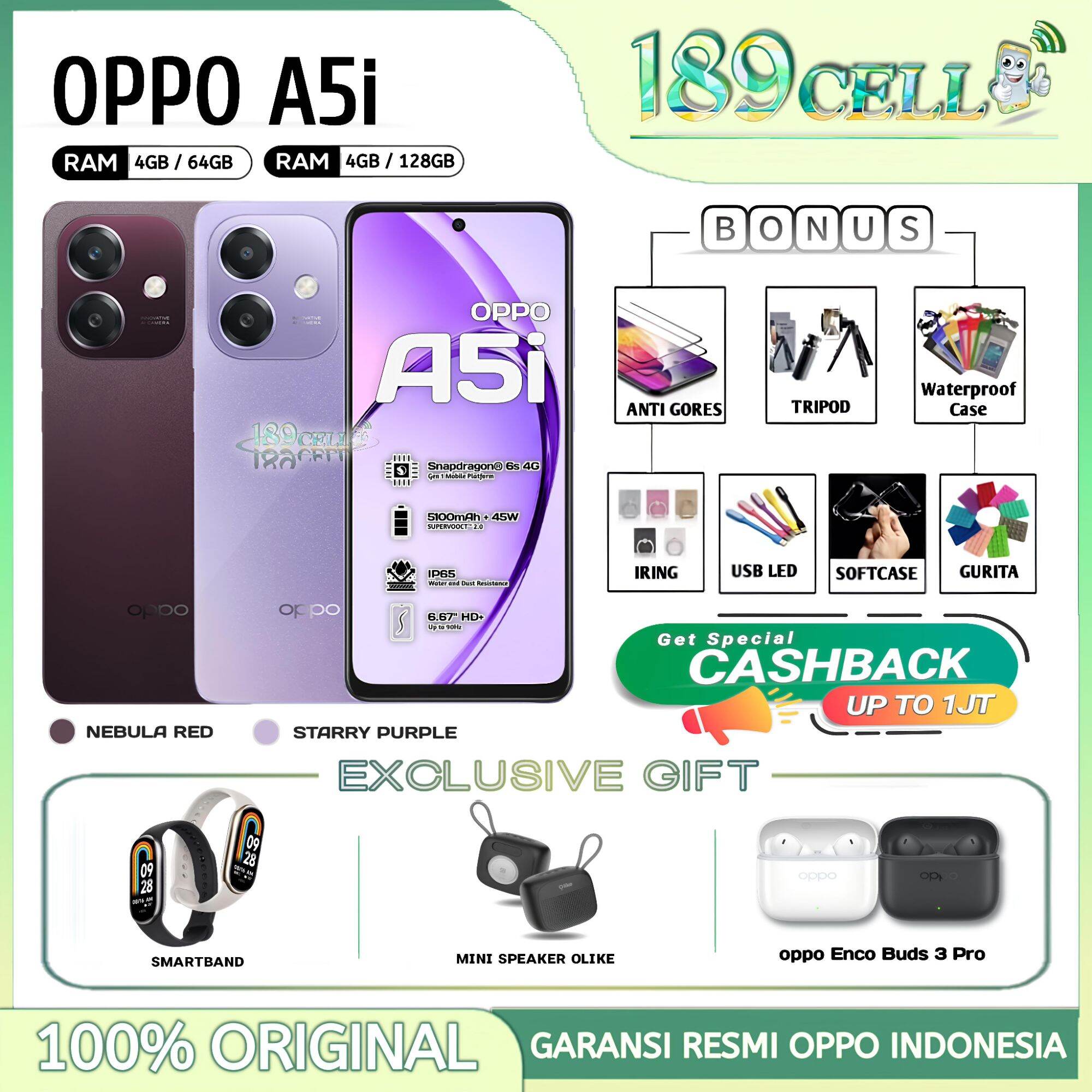Oppo A5I Ram 4/128Gb - 4/64Gb - Oppo A5I Snapdragon 6S 4g Gen1 Mobile Platform Official Oppo Warranty Harga  1,599,900 Ringgit*Penghantaran Percuma