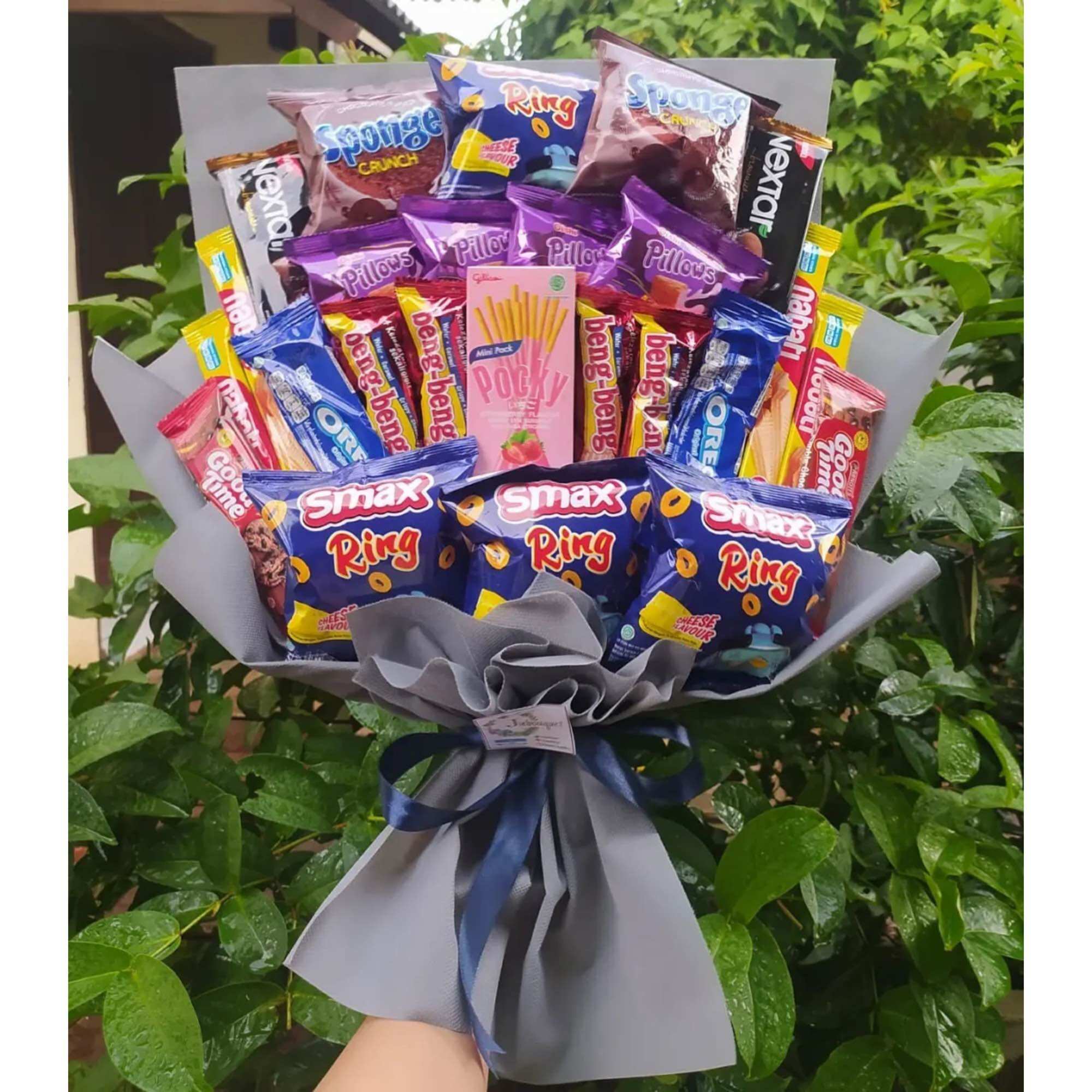 (B) BUKET BIG PREMIUM SNACK MEWAH ELEGAN BESAR ABU ABU / Anniversary