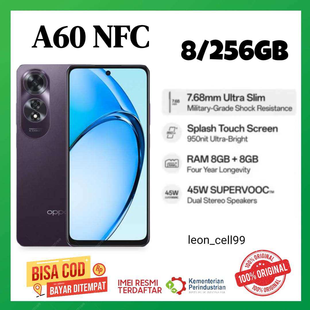For Oppo A60 NFC 16 + 256 GB Snapdragon 680 camera 50 MP official warranty 1 year Harga 2,795,000 rupiah*Gratis Ongkir