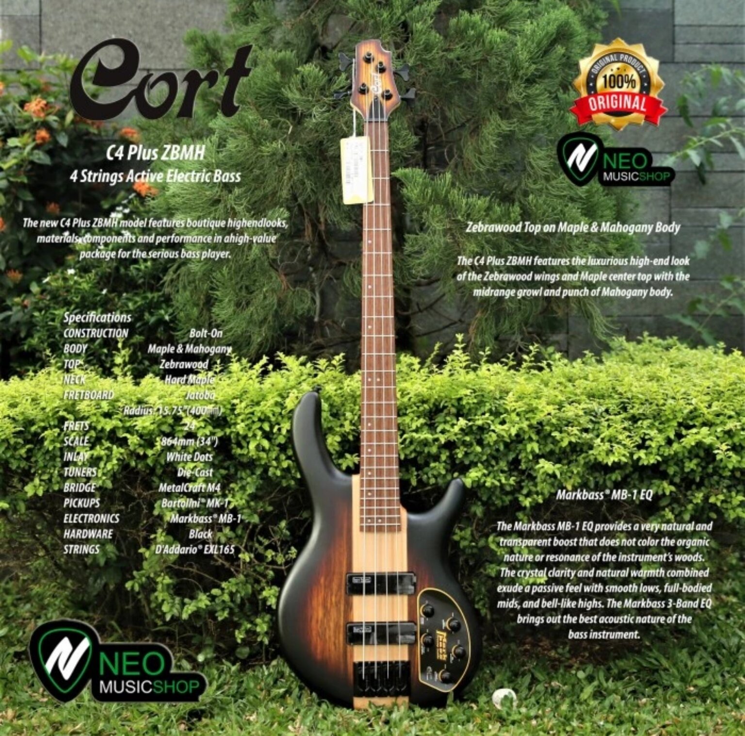 Cort Artisan C4 Plus Zbmh Tabacco Burst 4 Strings Active Electric Bass