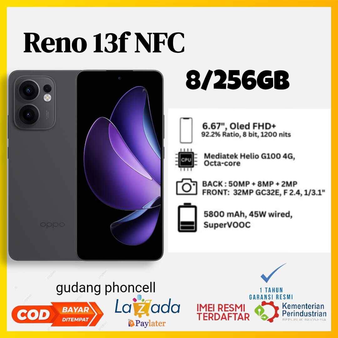 Oppo Reno 13F Ram 12+256 GB NFC Super Amoled mediatek helio G100 kamera 50 mp garansi 1 tahun resmi (Pengganti Reno 12) Harga 3,199,000 rupiah*Gratis Ongkir