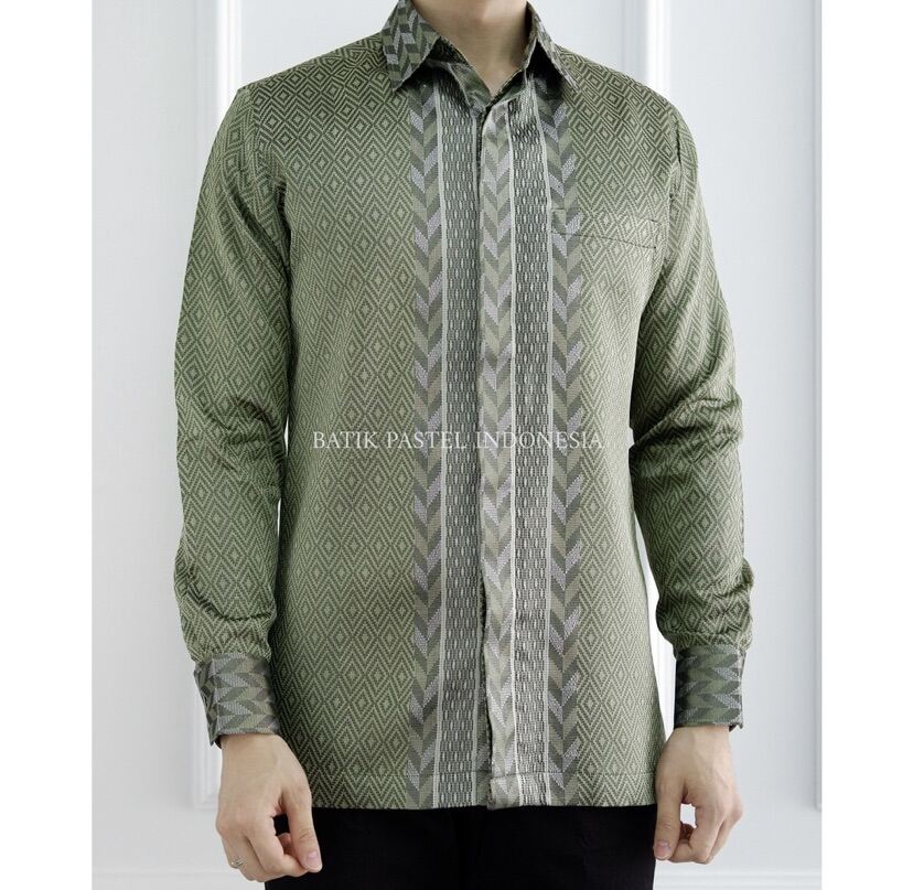 Kemeja pria lengan panjang formal batik tenun songket premium sage ...