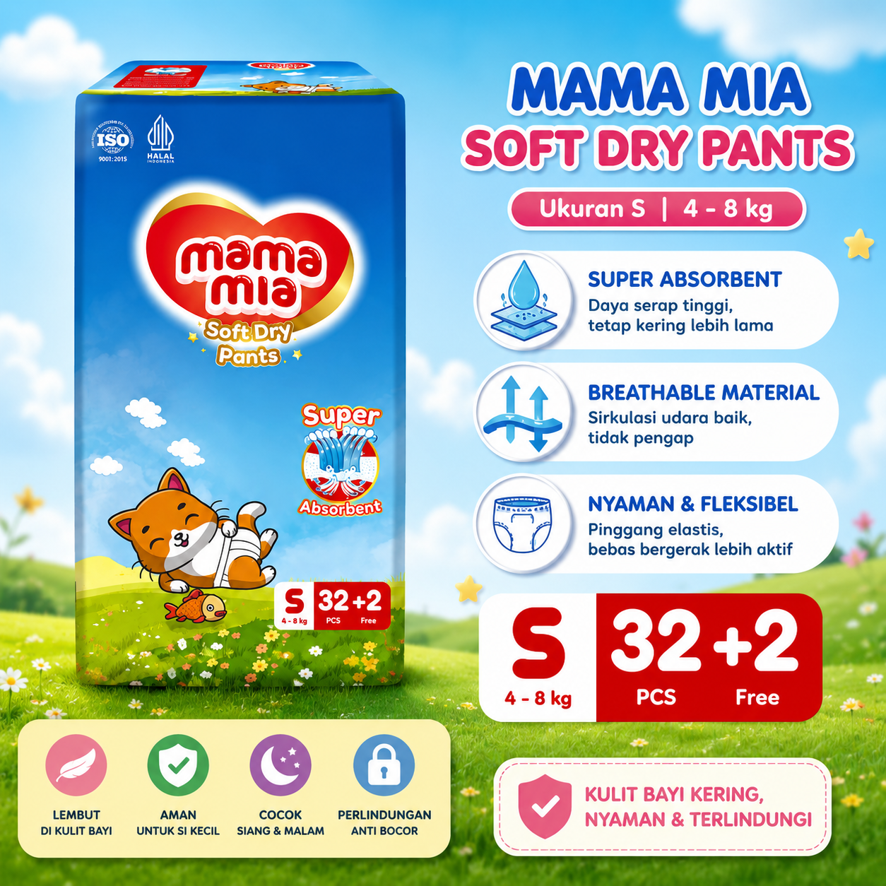 Mama Mia Soft Dry Pants S32+2 | Popok Bayi Celana Size S 4-8 kg | Super Absorbent