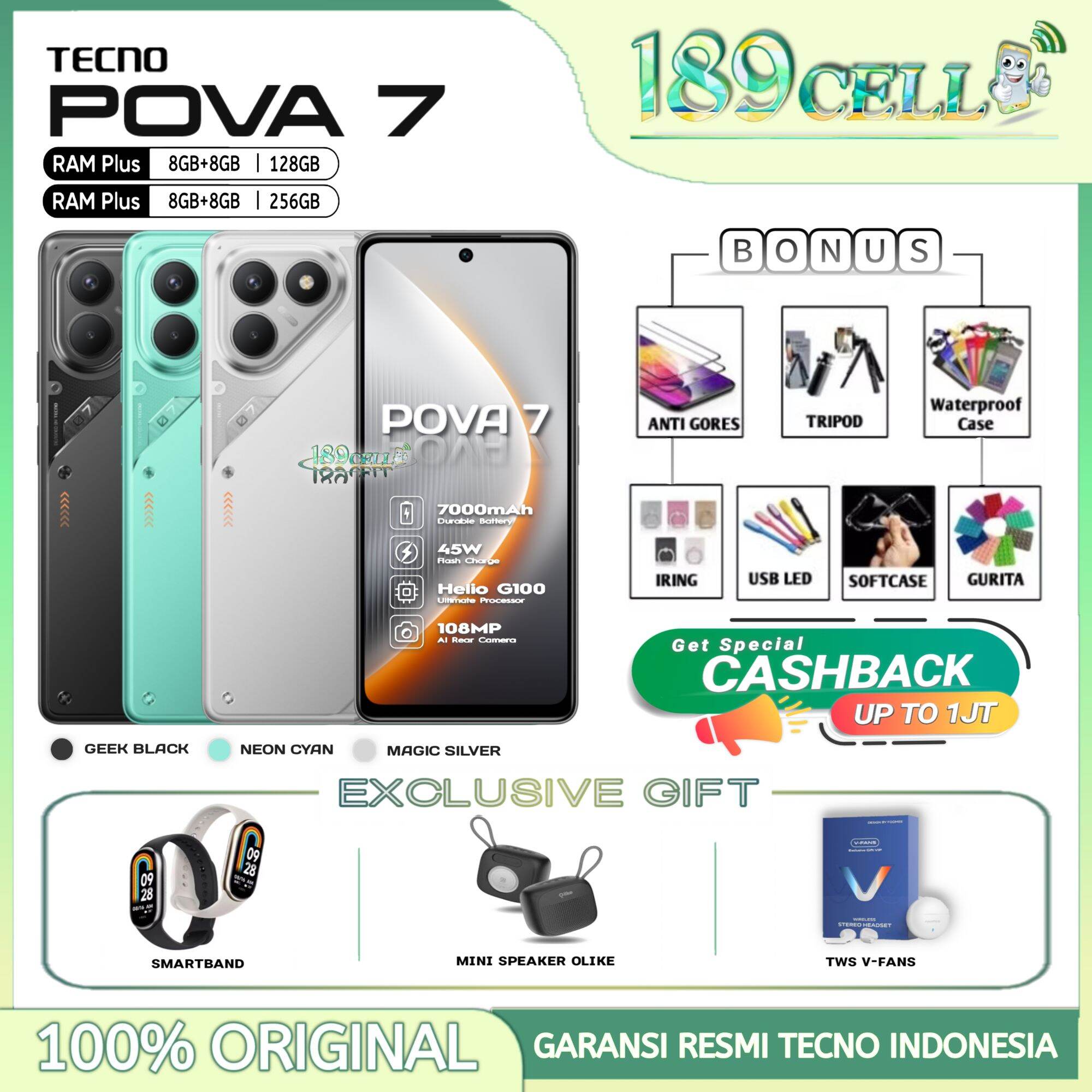 TECNO POVA 7 RAM 8/128GB 8/256GB - TECNO POVA 7 RAM 8+8GB EXTENDED GARANSI RESMI TECNO INDONESIA Harga 2,018,152 rupiah*Gratis Ongkir