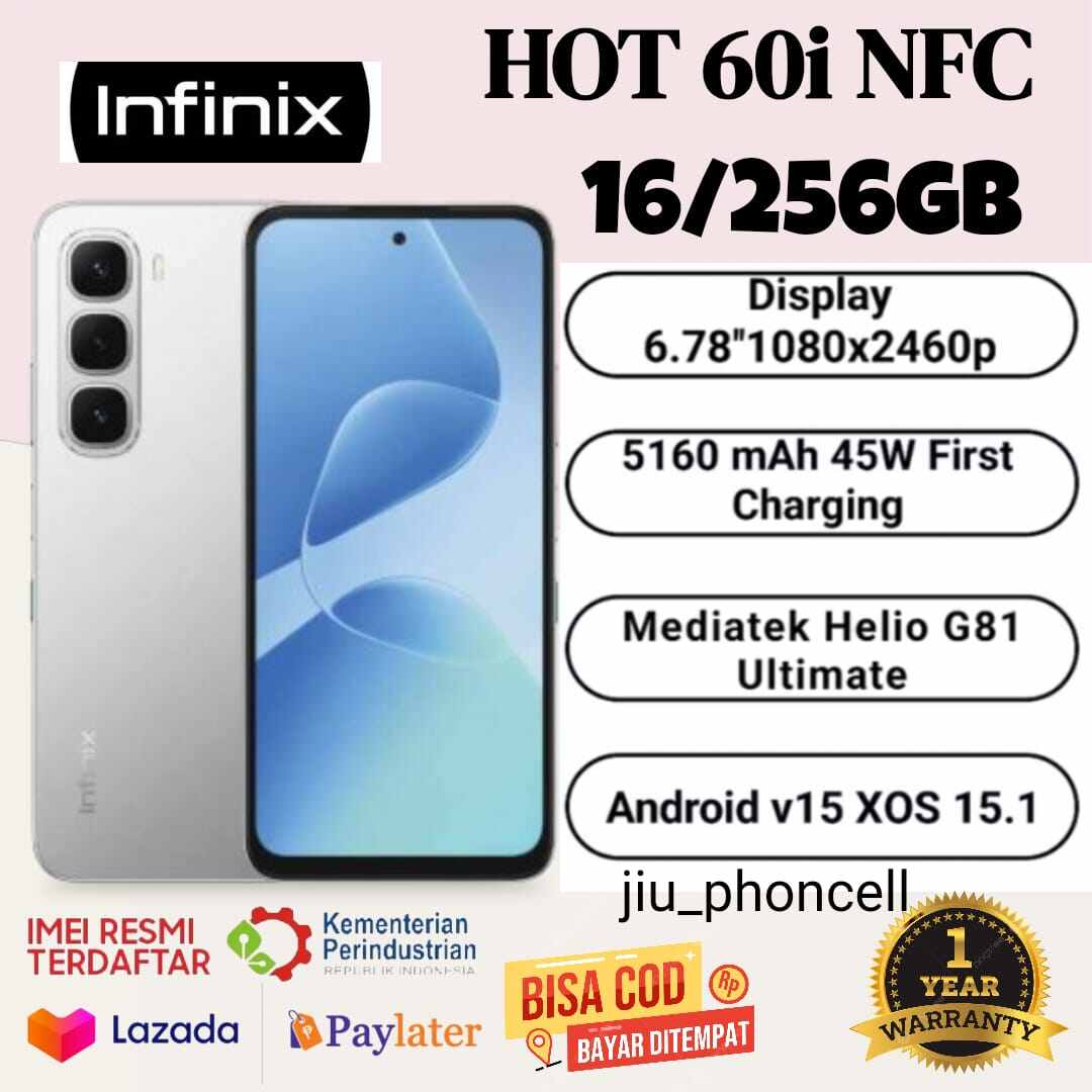 Infinix Hot 60I Nfc Ram 16 +256 Gb (Gaming Booster) Mediatek Helio G81 Battery 5160 Mah Fast Charging 45W Official Guarantee 1 Year Giá 1,099,000 Đồng*Miễn phí vận chuyển