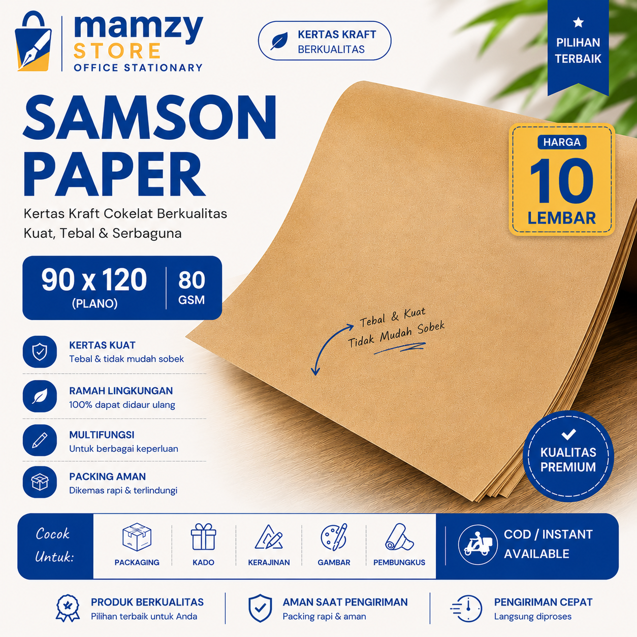 (1Pack 10 Lembar) Grosir Kertas Kraft samson Gh 80 gram coklat 90X120 cm TEBAL
