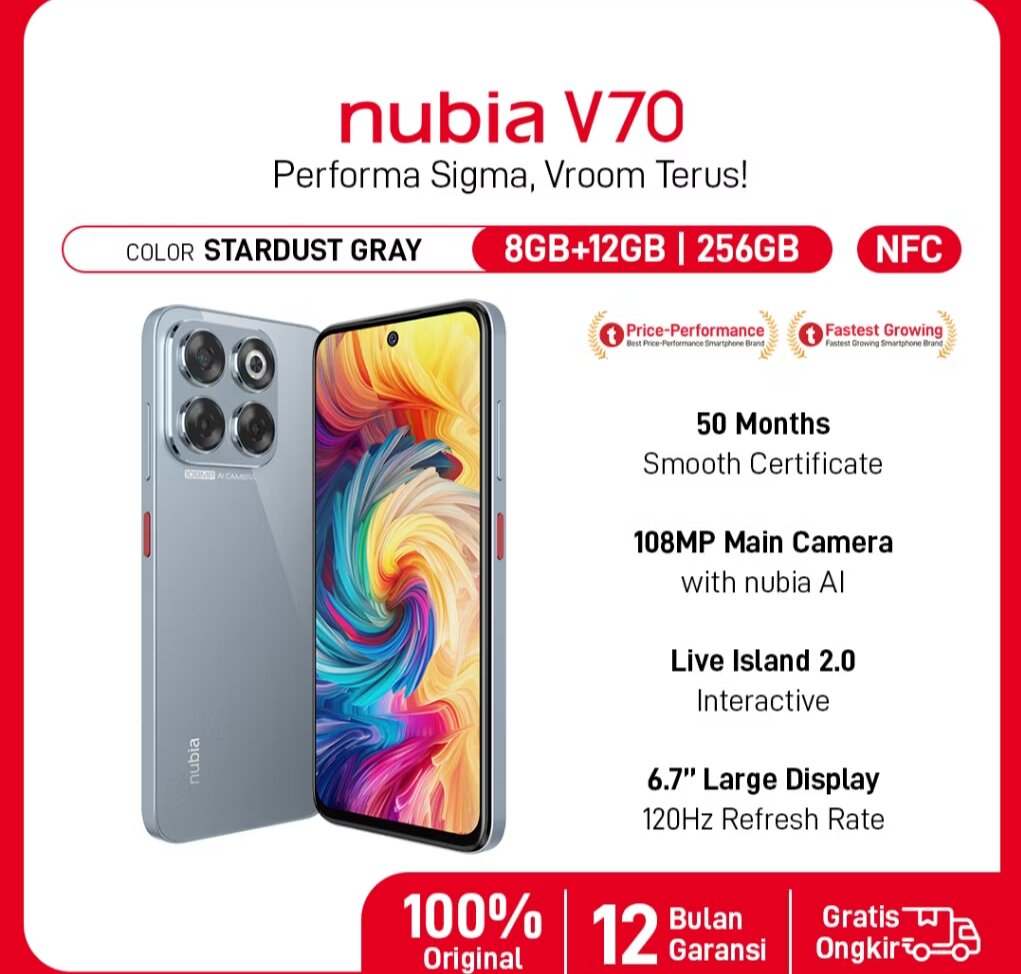 zte nubia v70 8/128 8/256 Garansi resmi Harga 1,789,000 rupiah*Gratis Ongkir