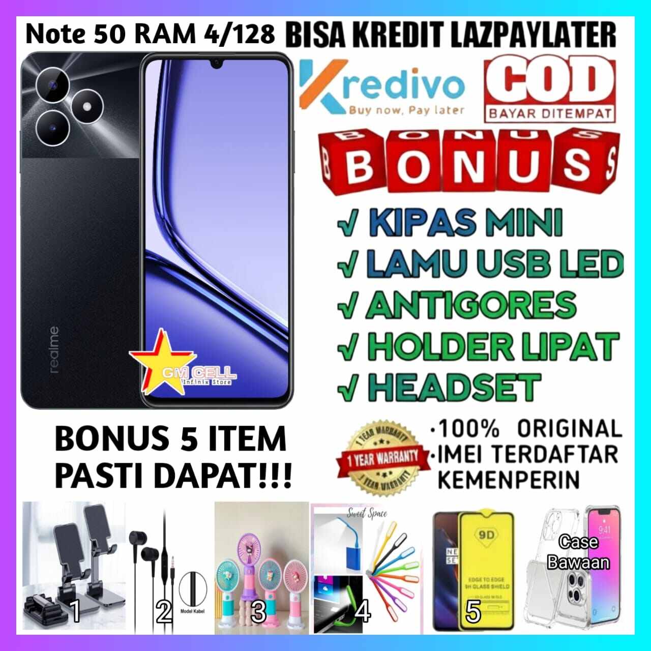 Realme note 50 RAM 4 + 4 = 8/128 + bonus 5 item you will definitely get it. original IMEI already registered by Ministry of Commerce... Harga 1,050,000 rupiah*Gratis Ongkir