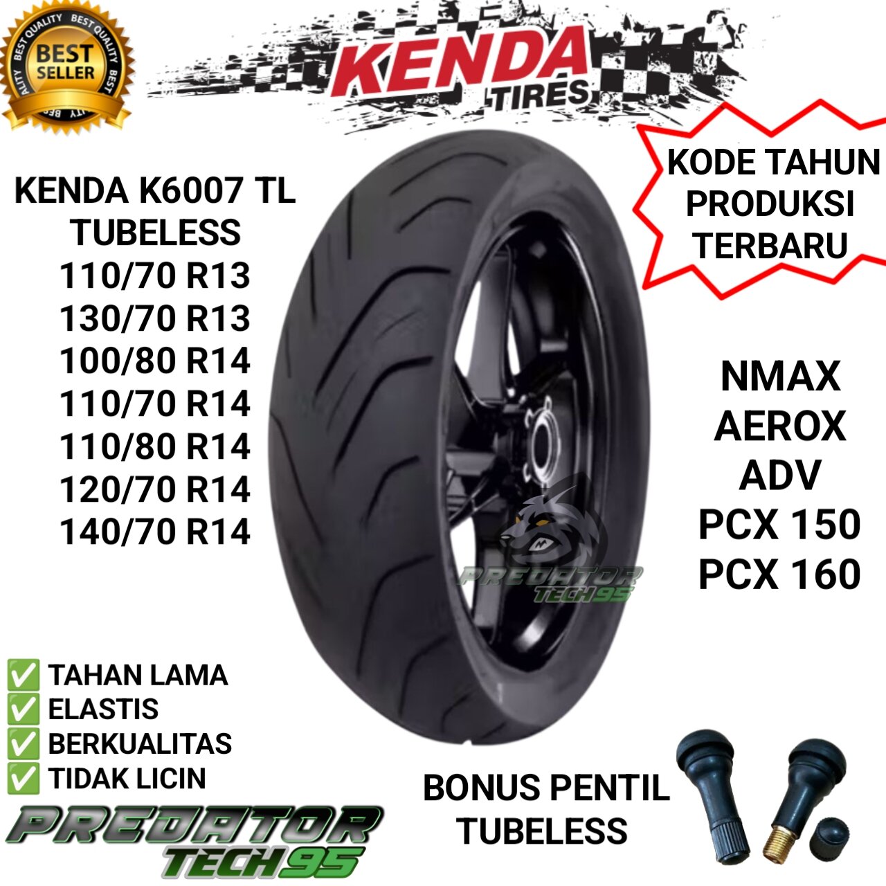 Outer Tire Kenda K6007 Tl Tubeless Nmax Aerox Adv Pcx 150 160 R13 R14 110/70 130/70 100/80 110/70 110/80 120/70 140/70 Harga 283,797 rupiah*Gratis Ongkir