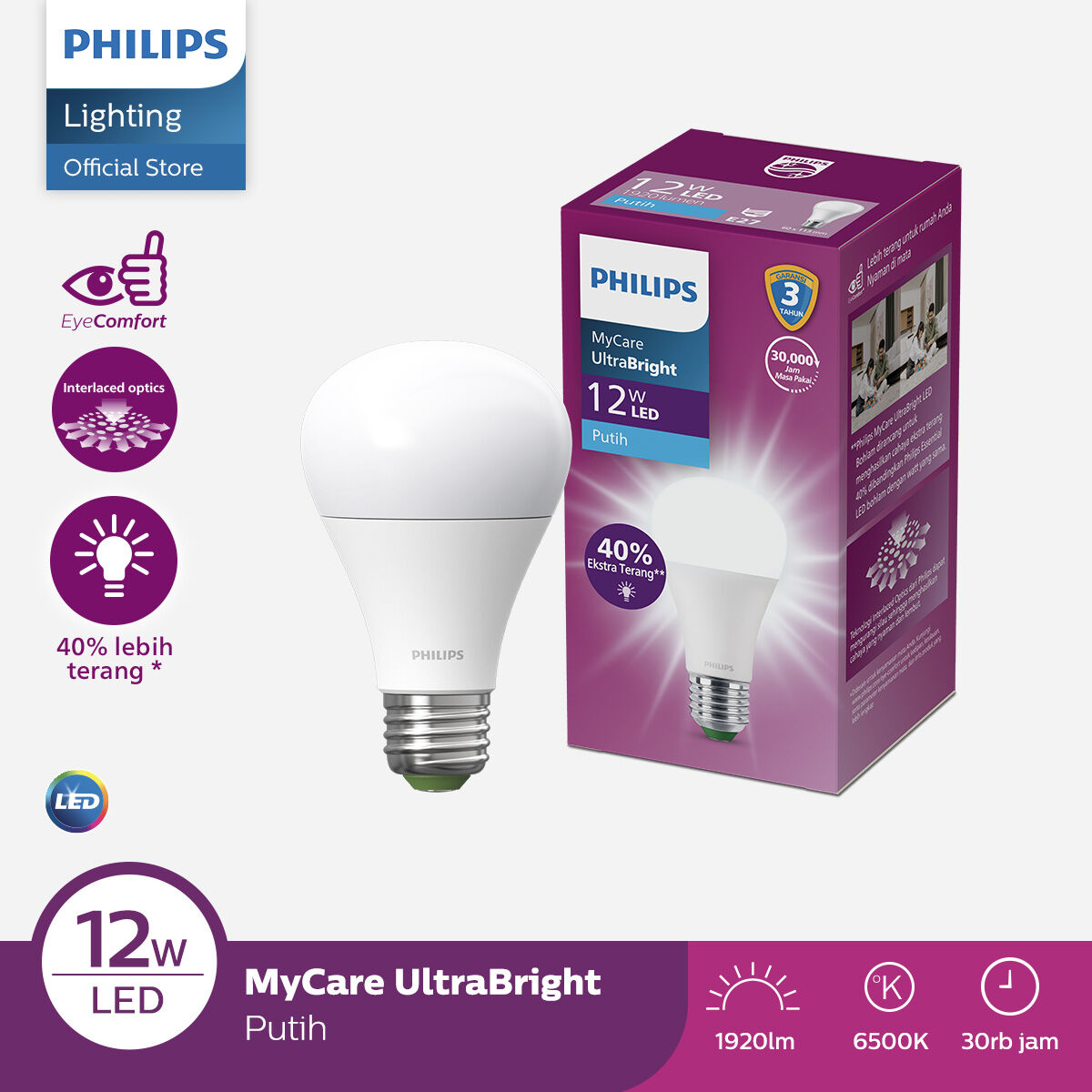 Lampu Philips Bohlam LED MyCare Ultra Bright 12W E27 6500K Putih