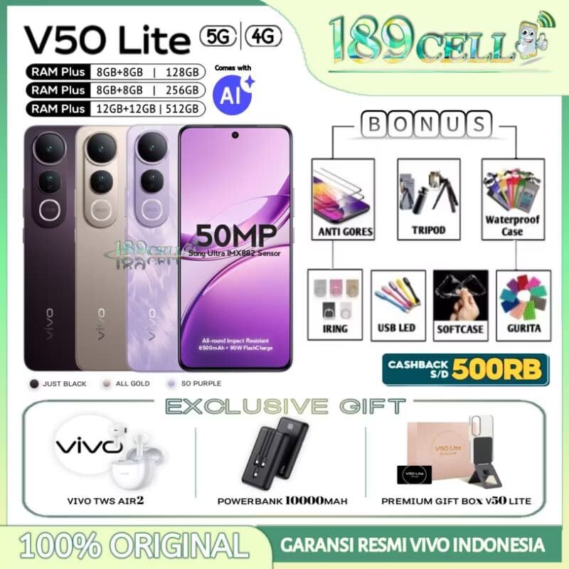 Vivo V50 Lite 4g & 5g Ram 8/128Gb 8/256Gb 12/512Gb | Vivo V 50Lite Official Warranty from Vivo Indonesia Giá 3,209,900 Đồng*Miễn phí vận chuyển