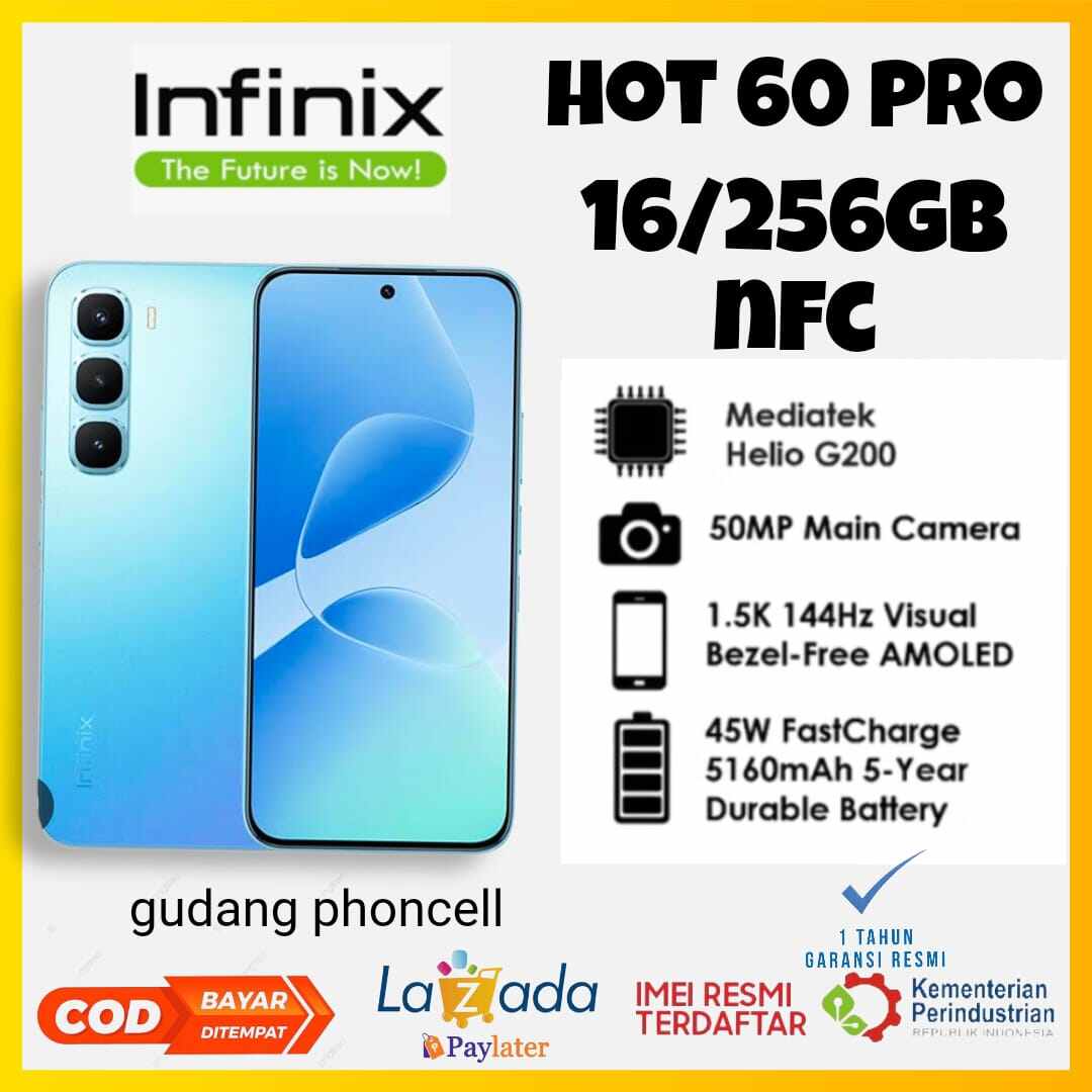 Infinix Hot 60 Pro Nfc Ram 16+256 Gb Mediatek Helio G200 Gaming Processor 5160 Mah Battery 6.78 Inch Screen Official Warranty Harga 1,295,000 rupiah*Gratis Ongkir