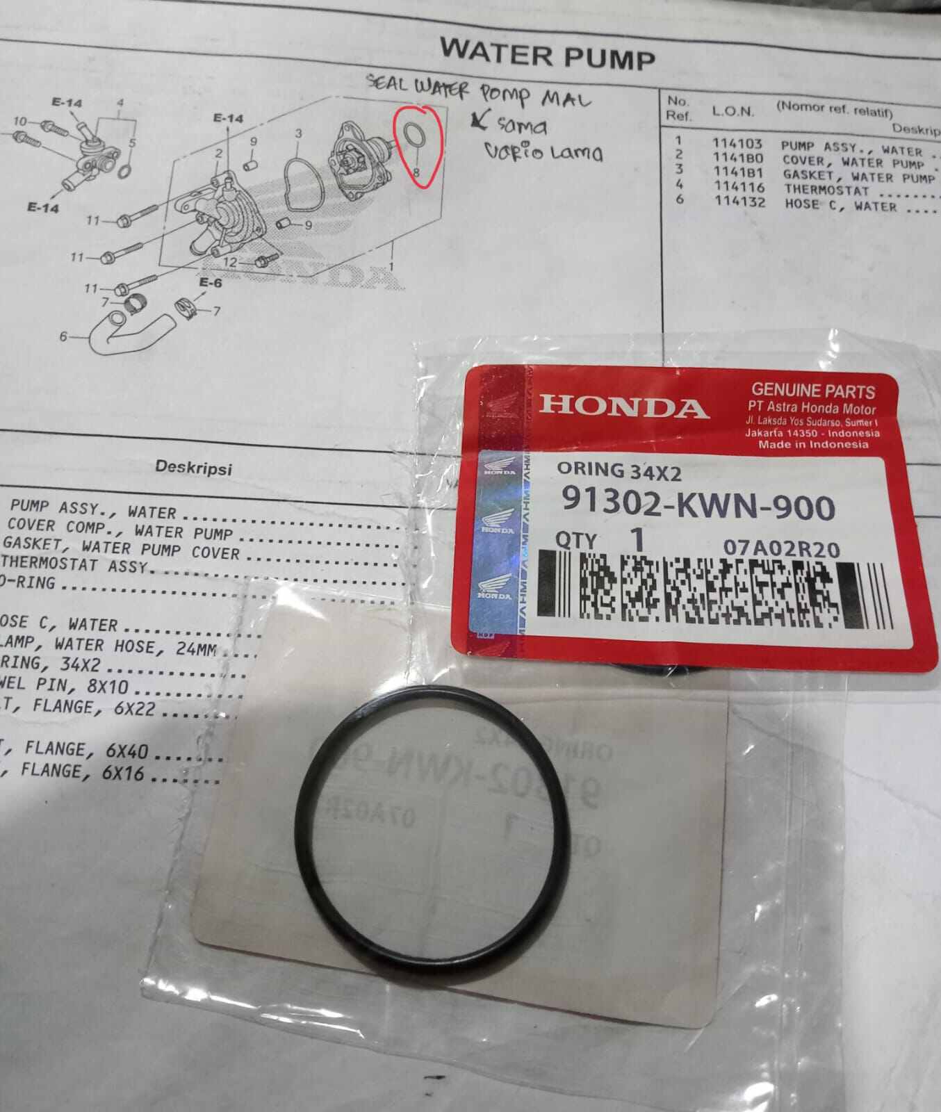 Oring 3.4x2 Atau Oring Water Pump Bagian Luar Honda Vario 125 Vario 150