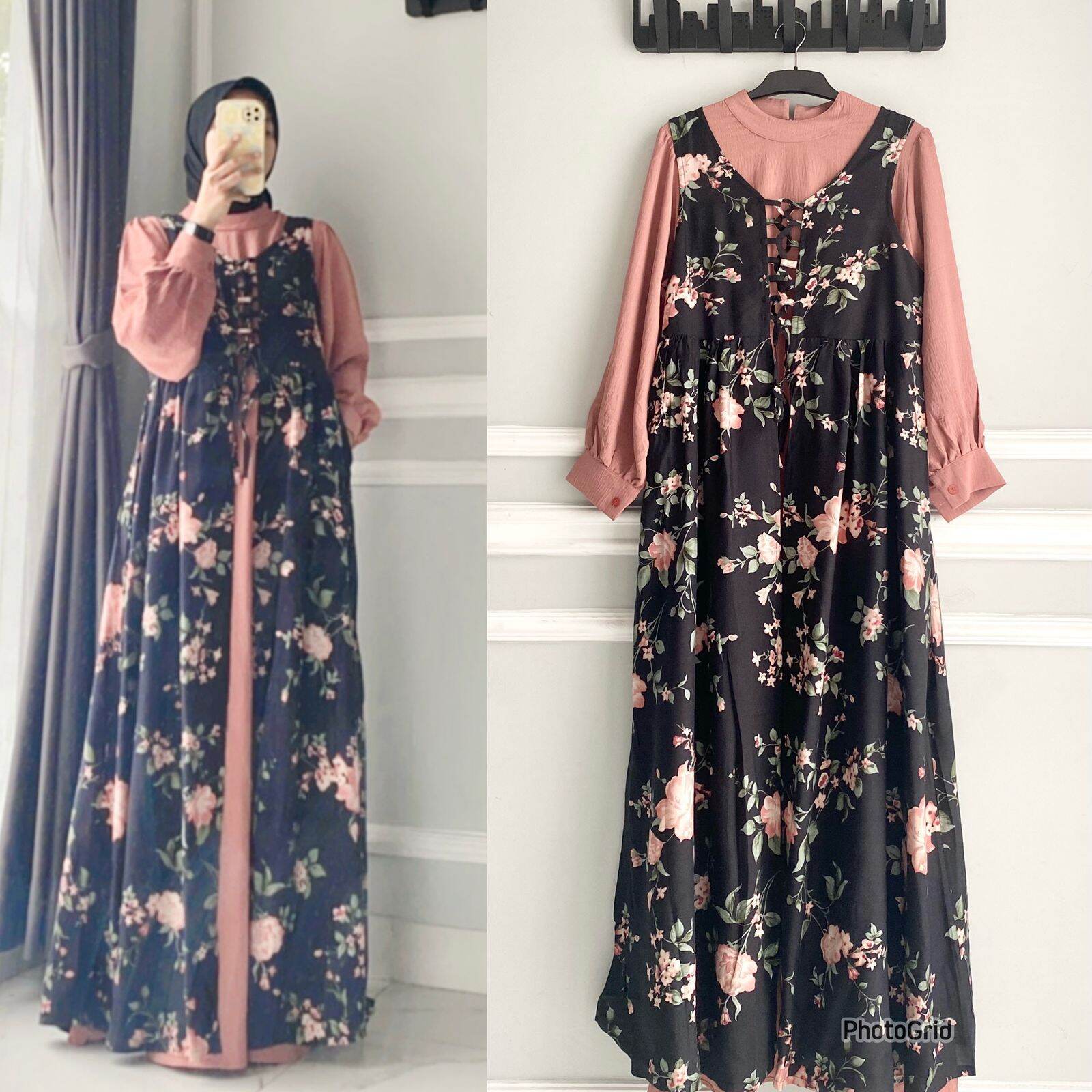 Gamis Dress Set Inner dan Outer Bermotif Bahan Rayon Polo Linen ...