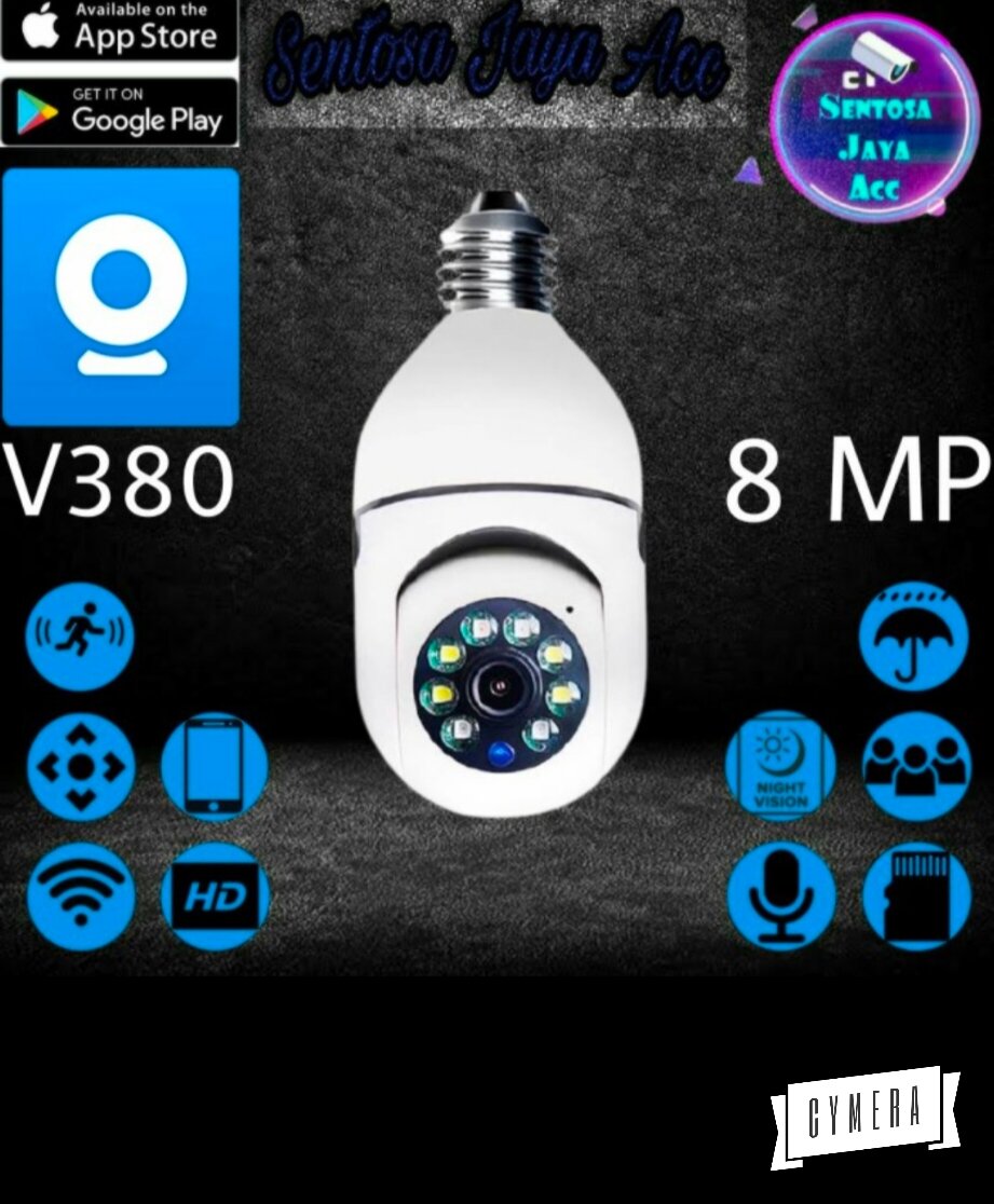 	 Kamera Cctv Ip 8Mp Camera V380 Pro Bohlam Lampu 360 View Wifi Wireless Cctv Bohlam Lampu Malam Hari  	