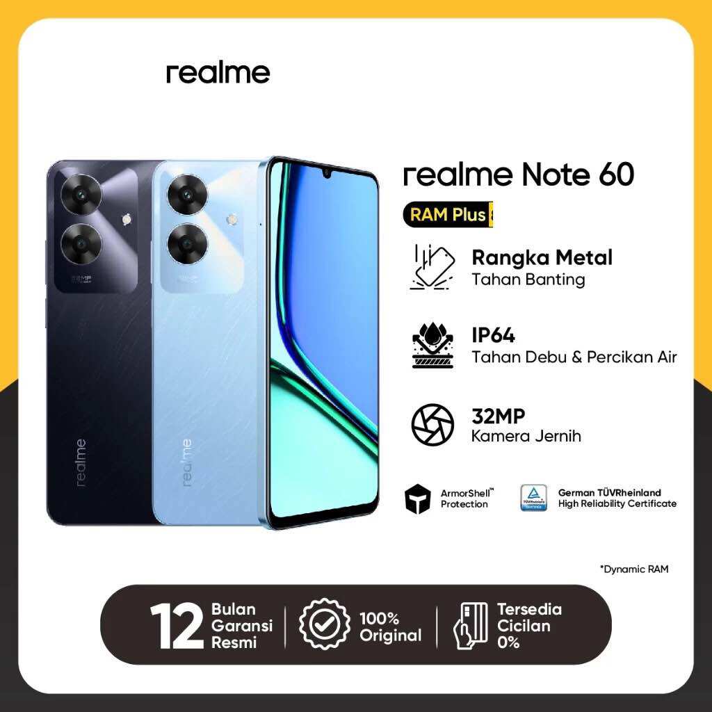 Realme note 60 [4GB/64GB-6GB/128GB] dynamic RAM-armorshell™Protection - TÜV Rheinland-32mp camera super clear-IP64 (Dust & water resistance) official warranty 1 year Harga  1,223,000 Ringgit*Penghantaran Percuma
