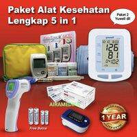 Paket Alat Kesehatan 5 in 1 ( Tensimeter Digital Thermometer Gun Easytouch GCU 3 in Oximeter Alkohol Swab )