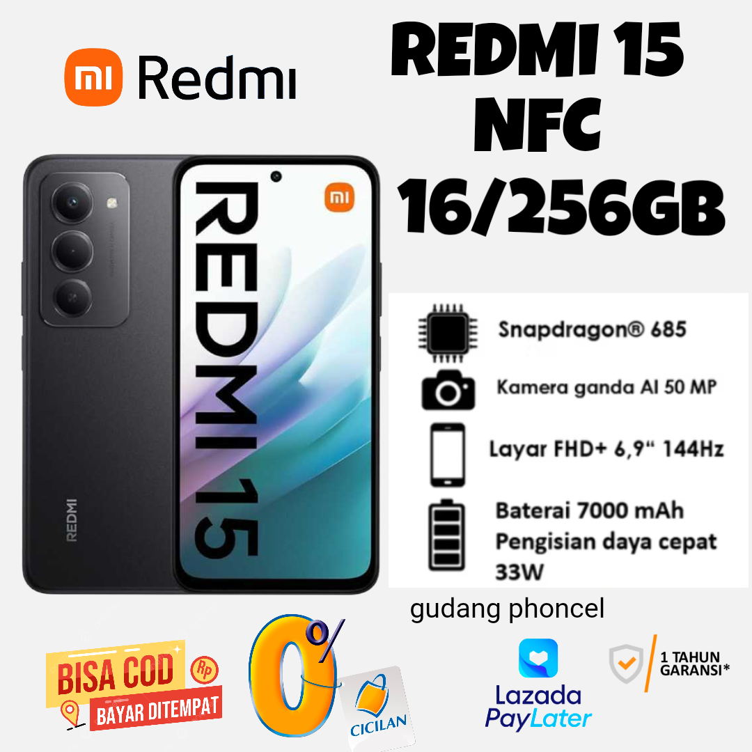 REDMI 15 NFC New, RAM 16/256GB, Big batrai 7000 mah prosesor Qualcomm Snapdragon 685, Garansi resmi 1 tahun Harga 1,755,000 rupiah*Gratis Ongkir