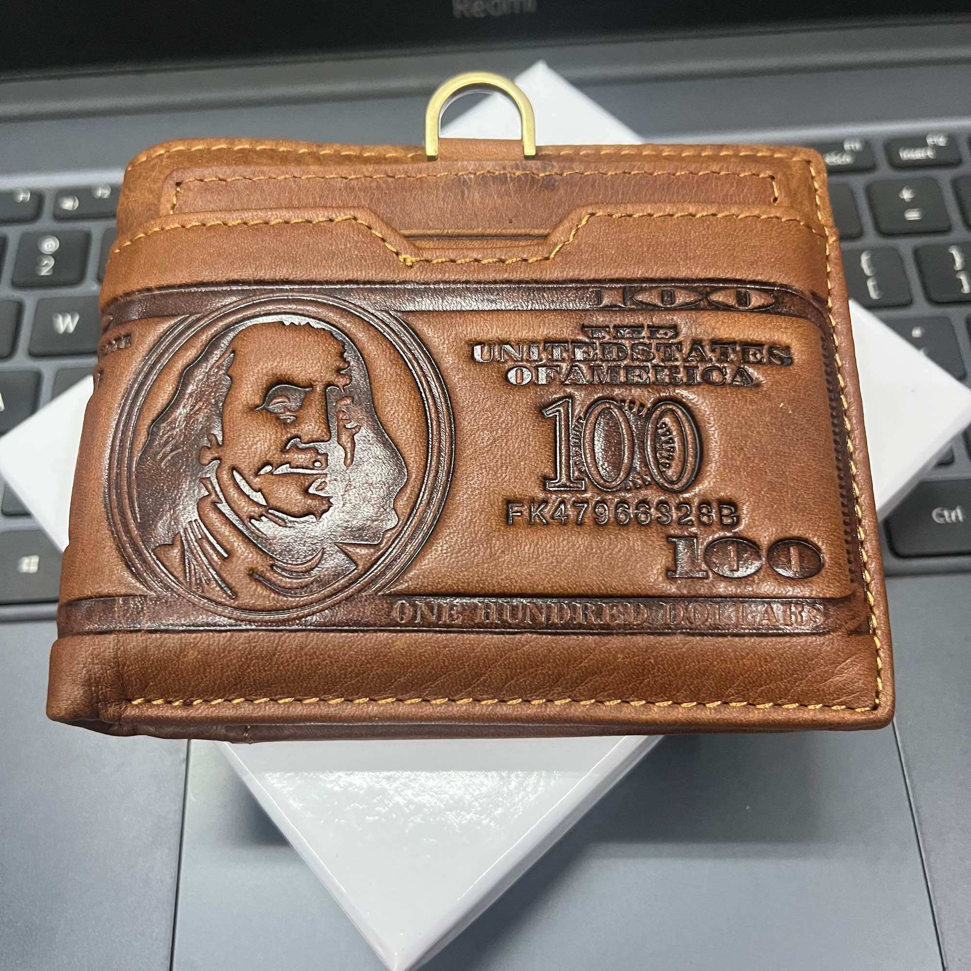 Large Folding Men's Leather Wallet with Genuine Brown Dollar Bill Motif, Suitable for Carrying Money aโฆ