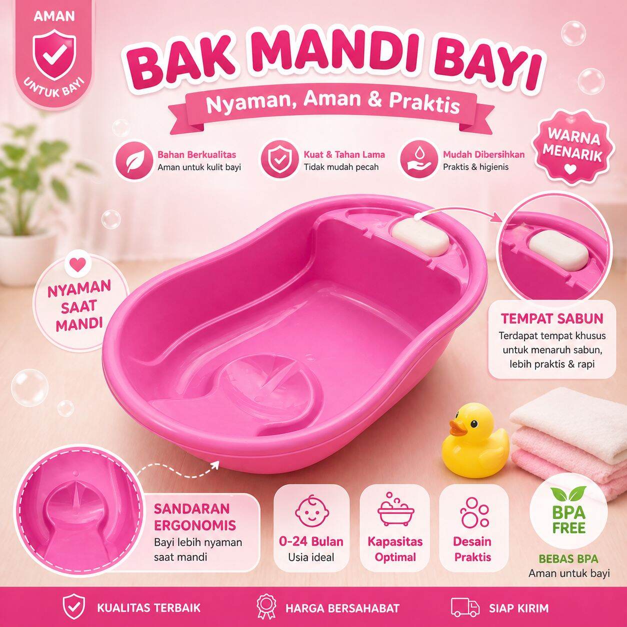 Bak Mandi Bayi karakter dengan Fitur Aman Nyaman Praktis Bebas BPA dan Pilihan Warna.