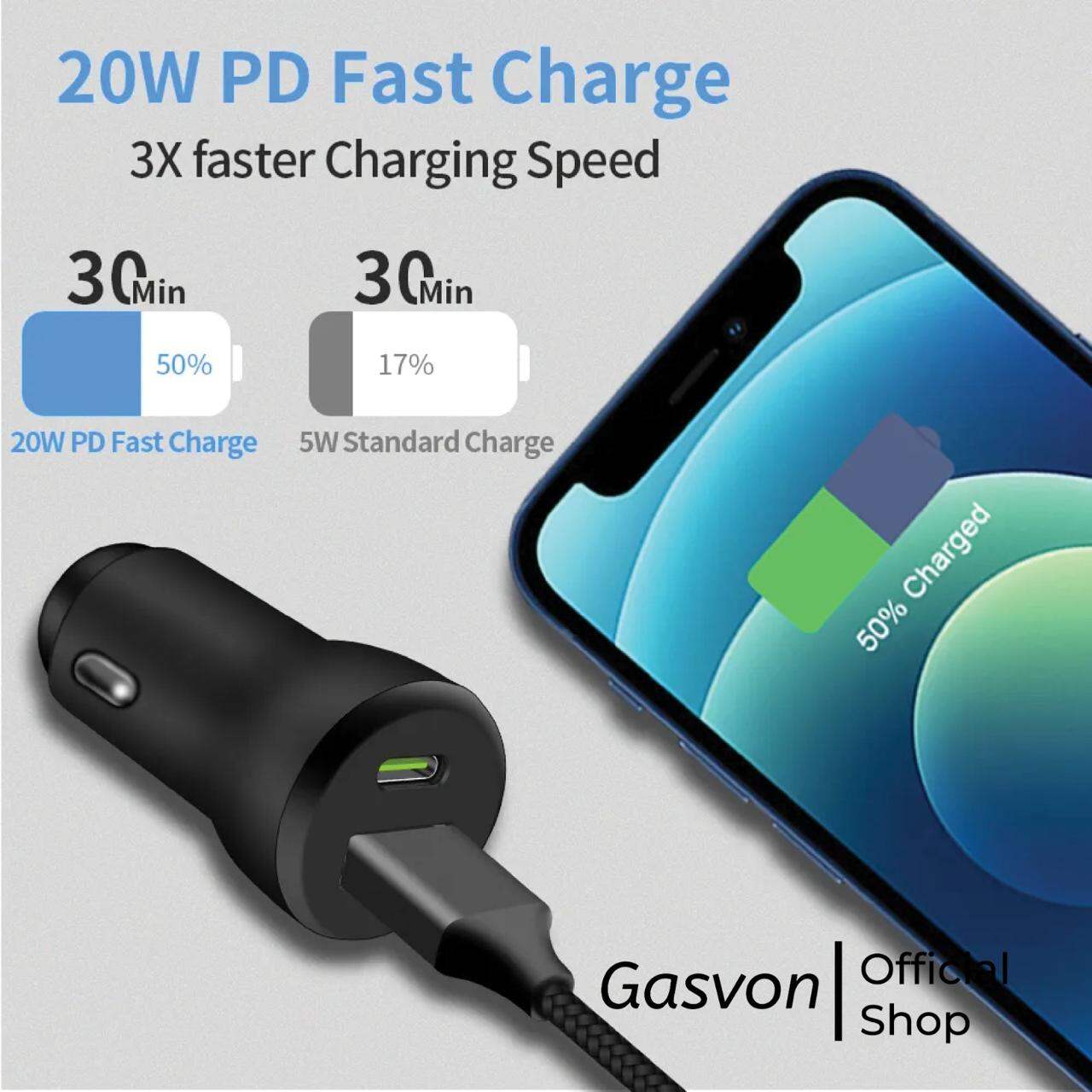 Gasvontech- Car Charger Mobil Fast Charging USB A + C For iOs Android Mi 18W 20W 25W 45W Harga 85,000 Ringgit*Penghantaran Percuma